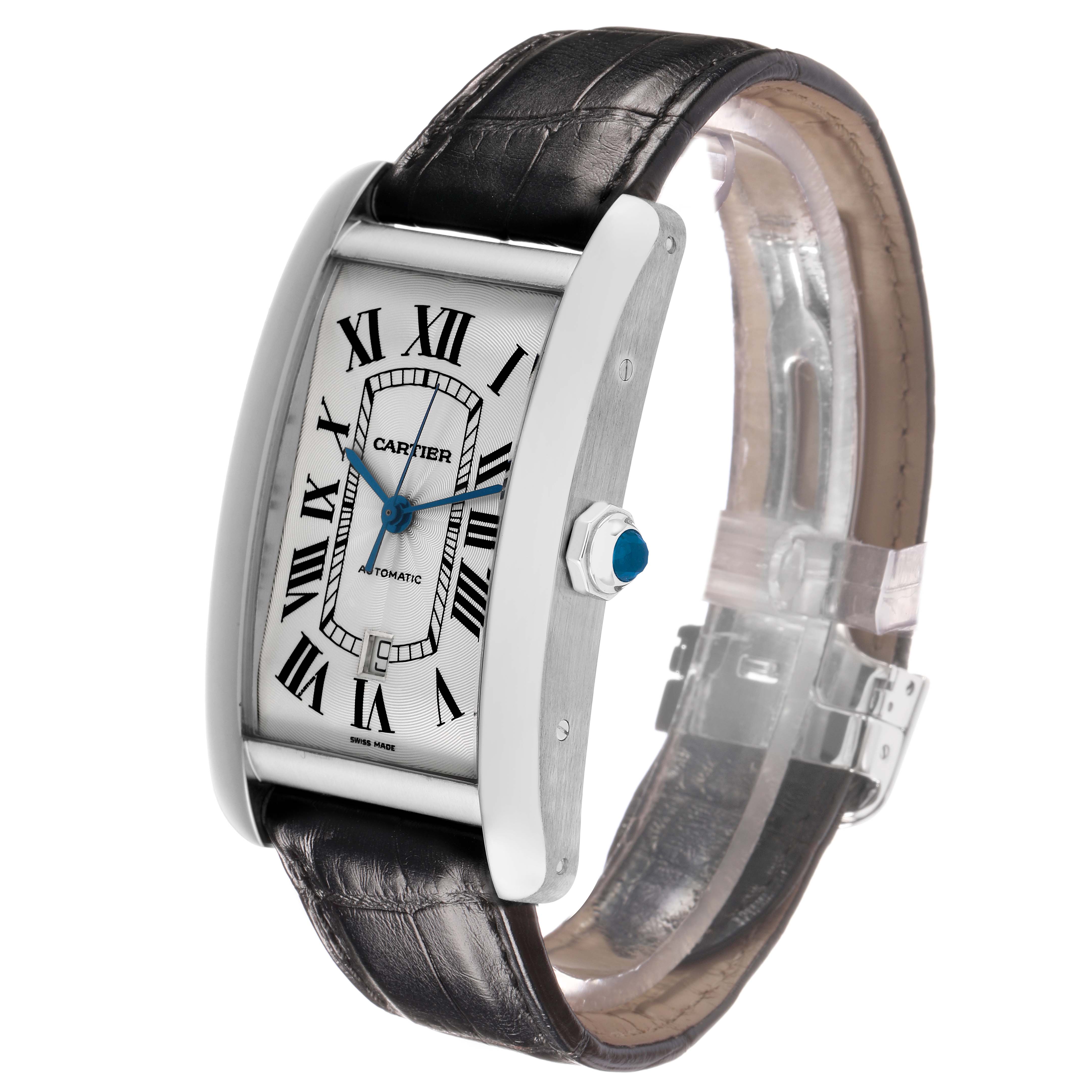 The Cartier Tank Americaine W2609956 Men's White Gold Silver Dial watch is shown at a side angle, highlighting its rectangular face, Roman numerals, and leather strap.