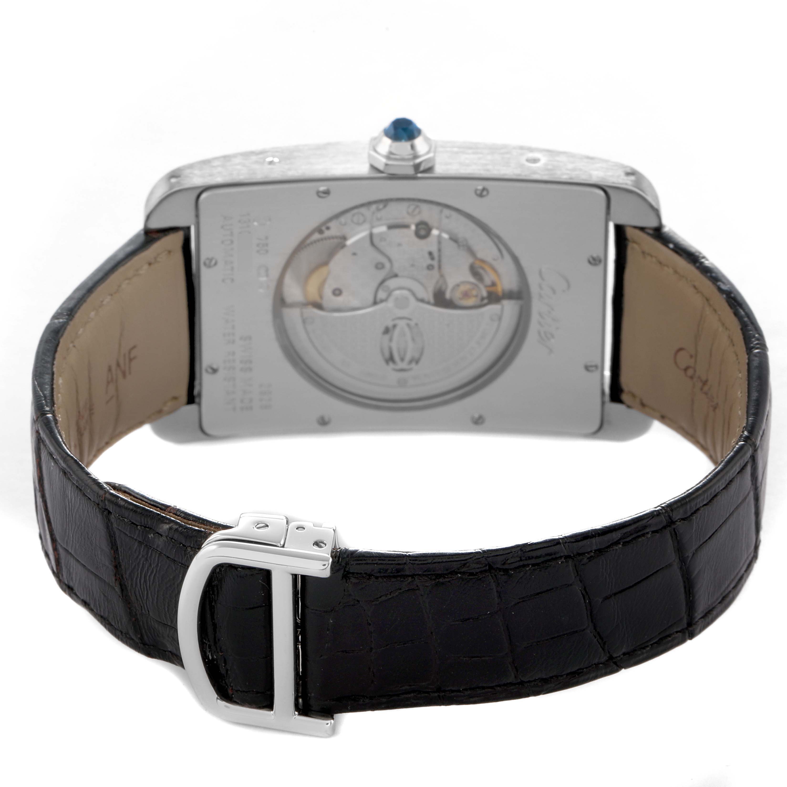 The image shows the back view of a Cartier Tank Américaine watch, highlighting the automatic movement and leather strap.