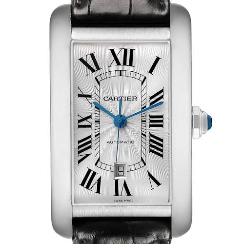 The Cartier Tank Americaine W2609956 Men's White Gold Silver Dial watch is shown from a front view, highlighting its dial, Roman numerals, and leather strap details.