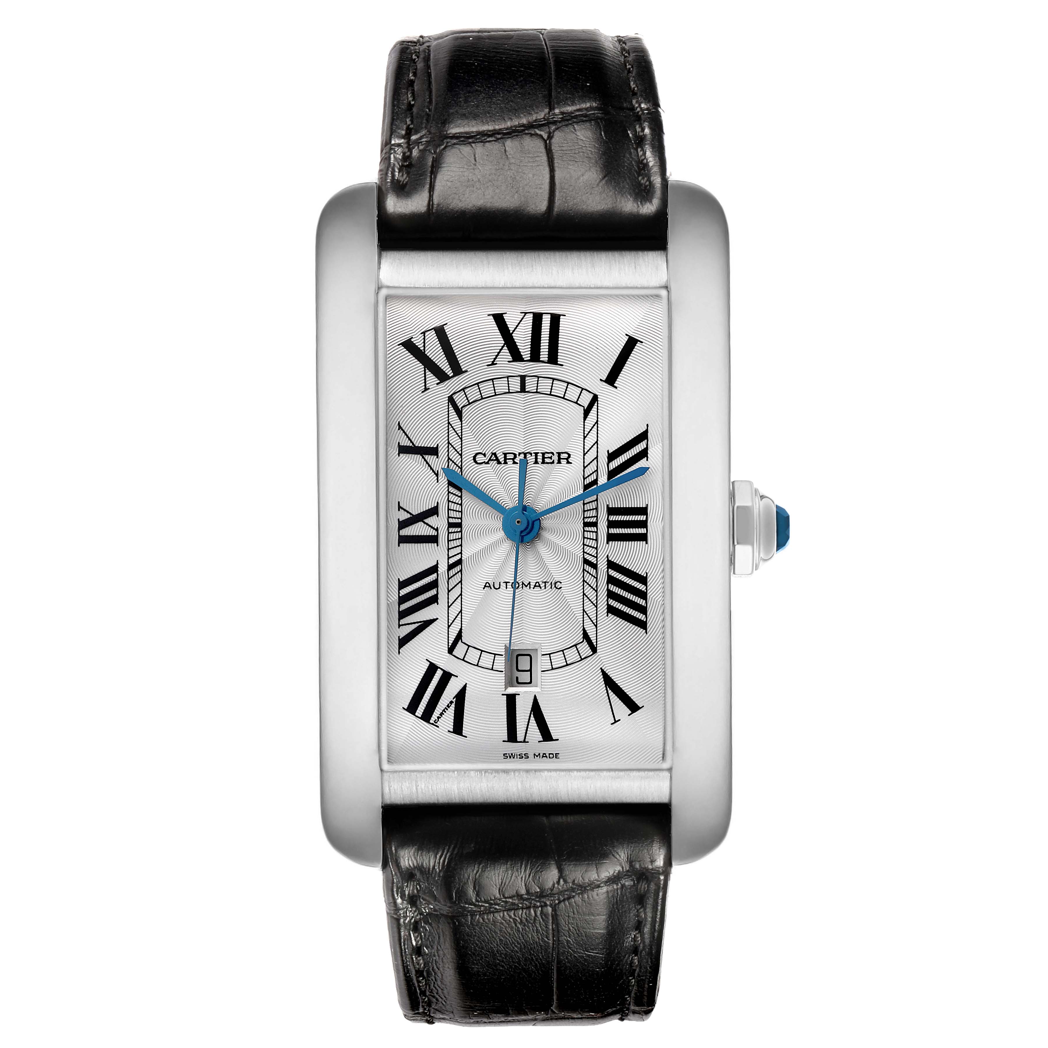 The Cartier Tank Américaine watch is shown from a front angle, highlighting its rectangular face, Roman numerals, and leather strap.
