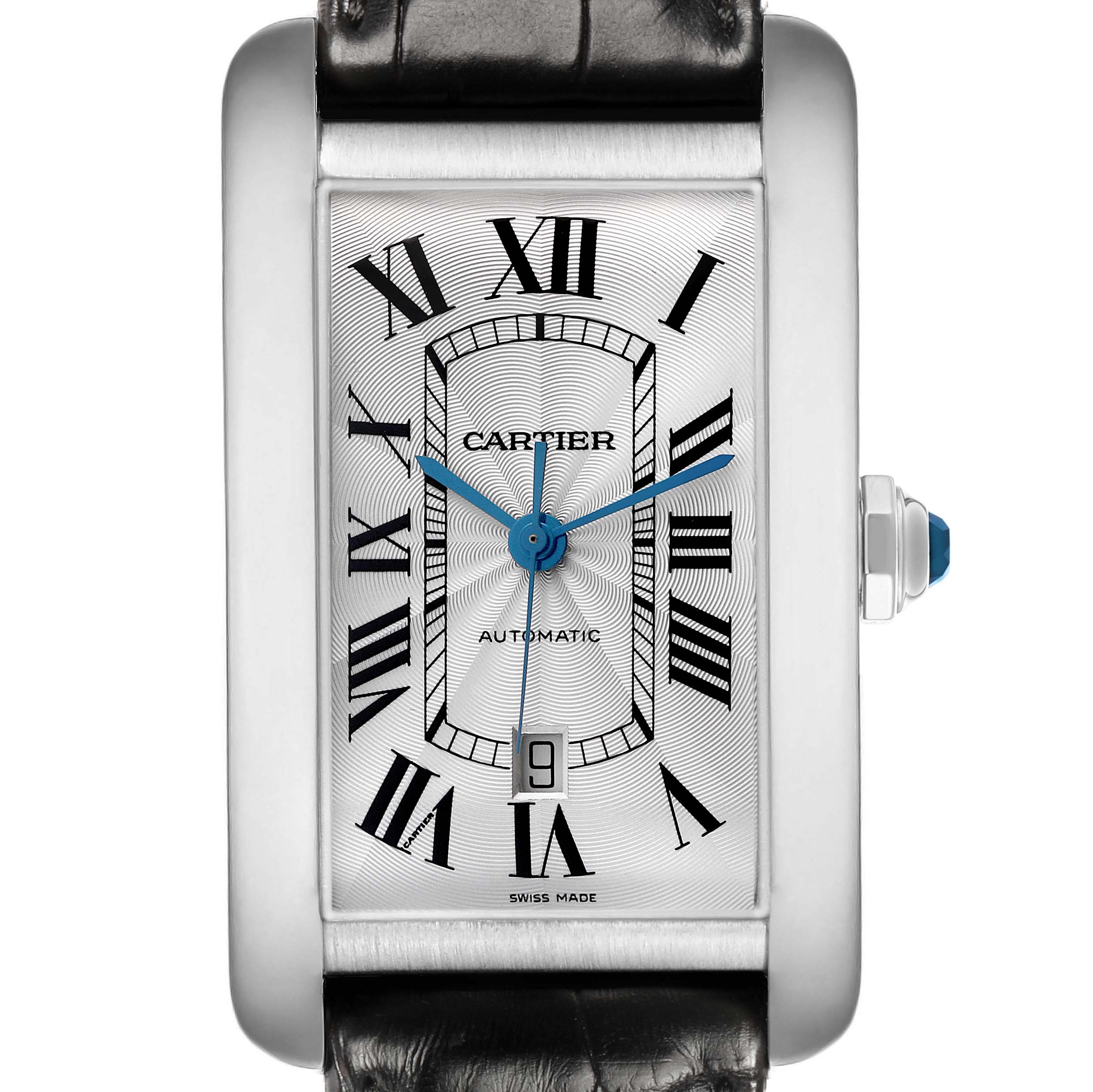 The Cartier Tank Americaine W2609956 Men's White Gold Silver Dial watch is shown from a front angle, displaying the dial, hands, and part of the leather strap.