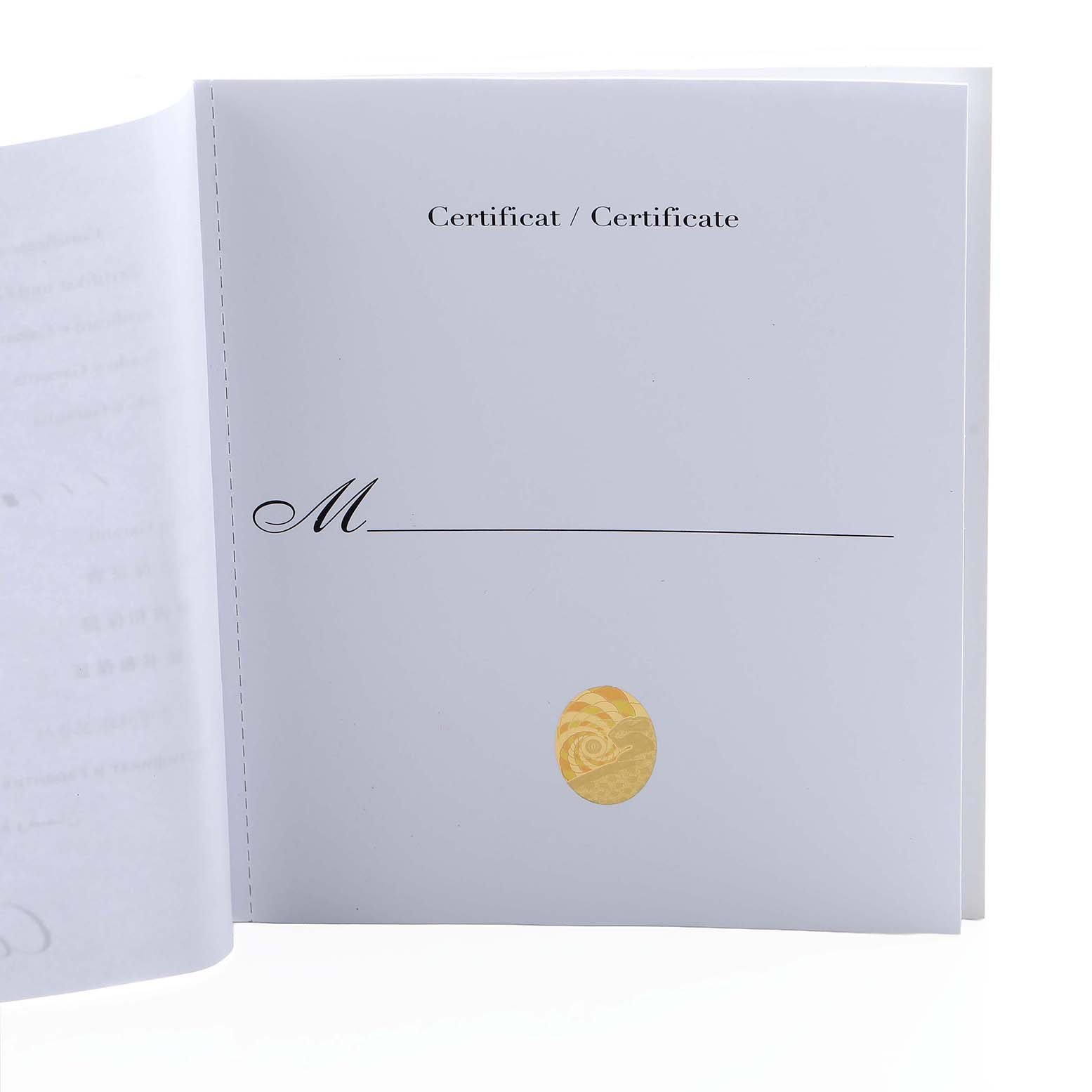 The image shows the certificate or booklet included with the Cartier Tank Américaine watch, focusing on its interior pages.