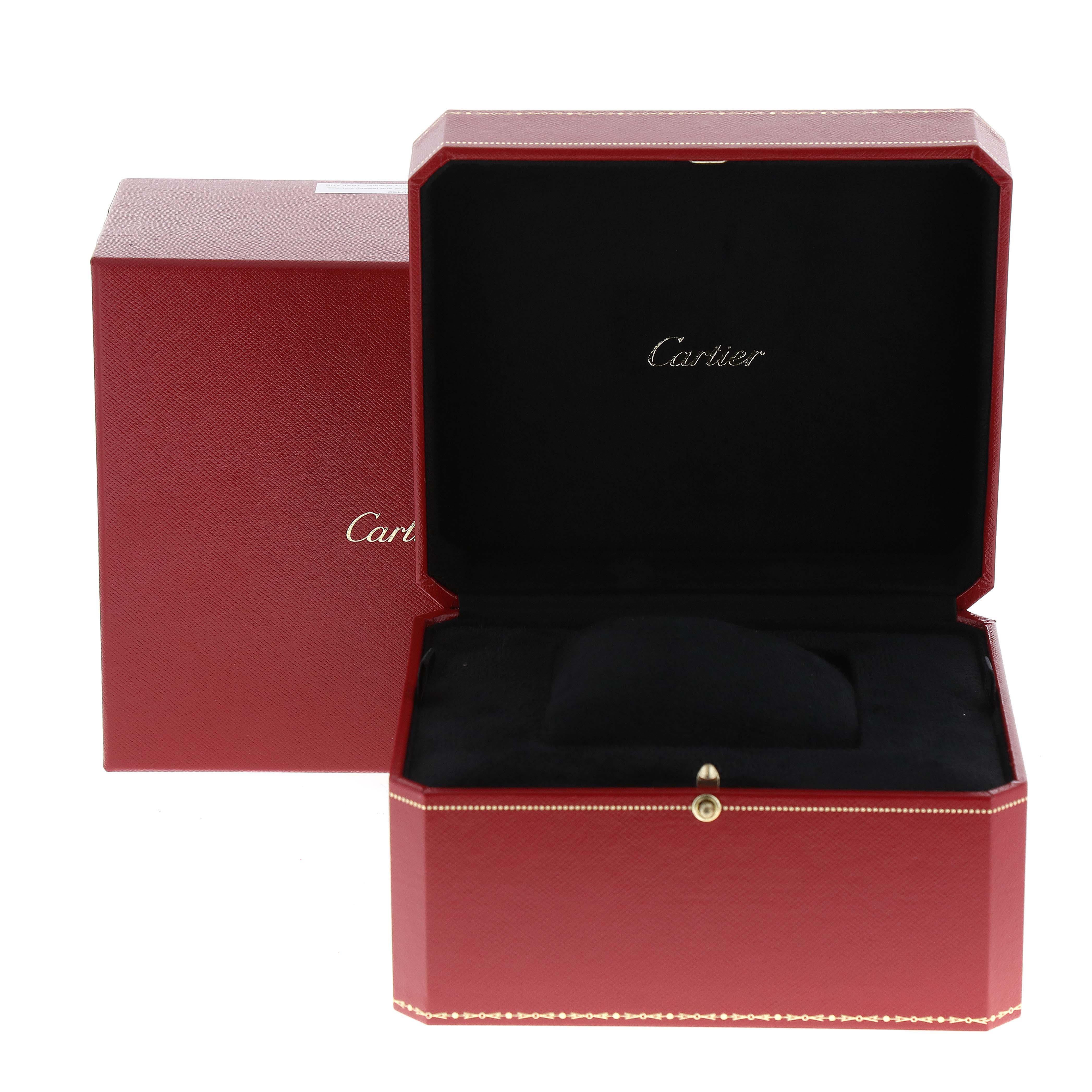 The image shows an open Cartier Tank Americaine WB701251 Women's Yellow Gold Silver Dial WB701251 Women's Yellow Gold Silver Dial watch box and its outer packaging.