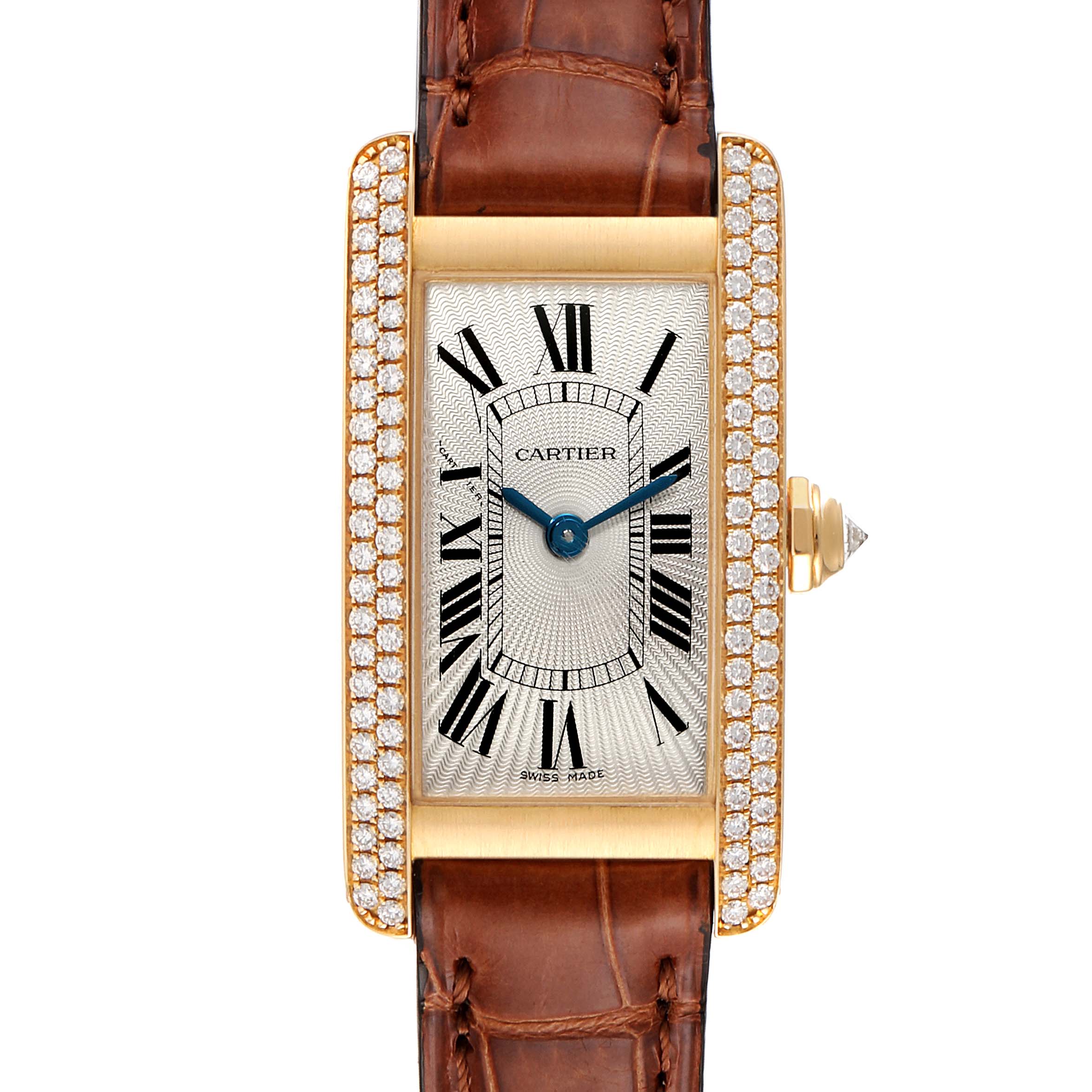 The Cartier Tank Americaine WB701251 Women's Yellow Gold Silver Dial WB701251 Women's Yellow Gold Silver Dial watch is shown from a top-down angle, displaying its rectangular face, leather strap, and diamond-studded bezel.