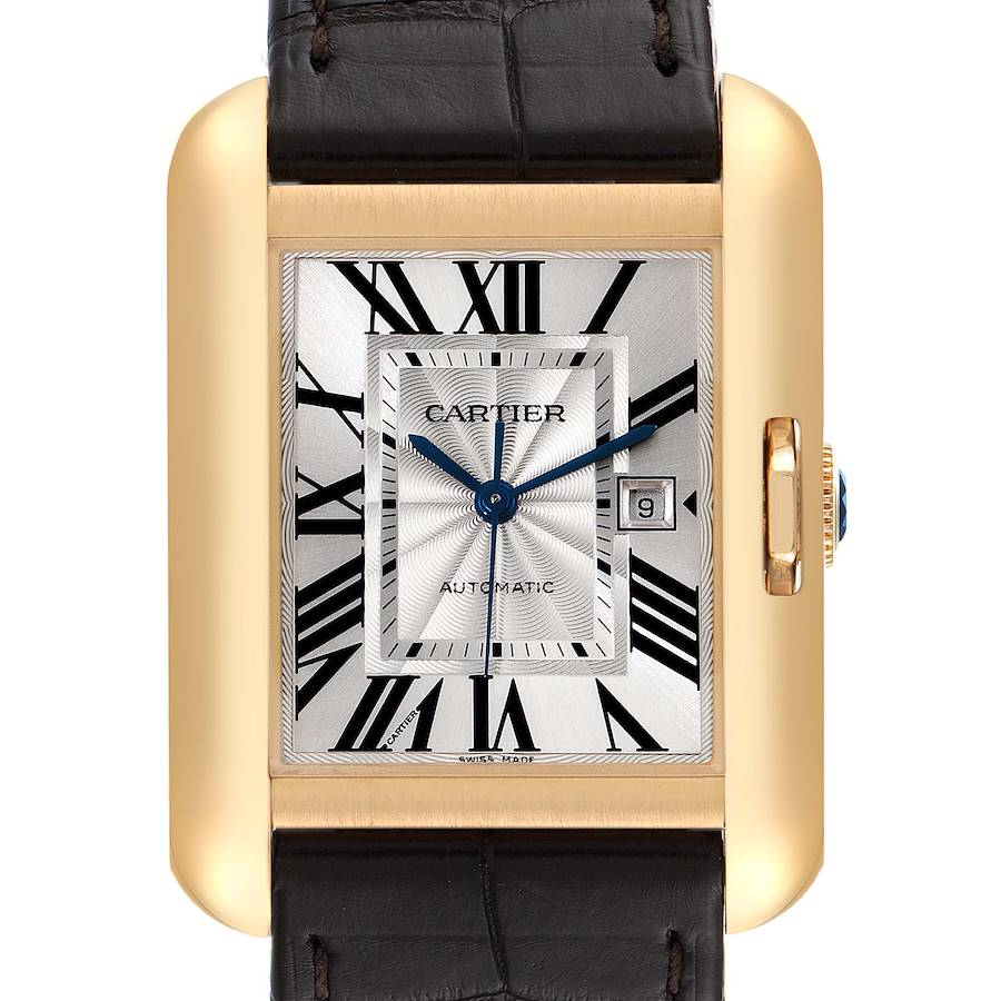 The Cartier Tank Anglaise watch is shown from the front, displaying the face, Roman numerals, hands, and date window.