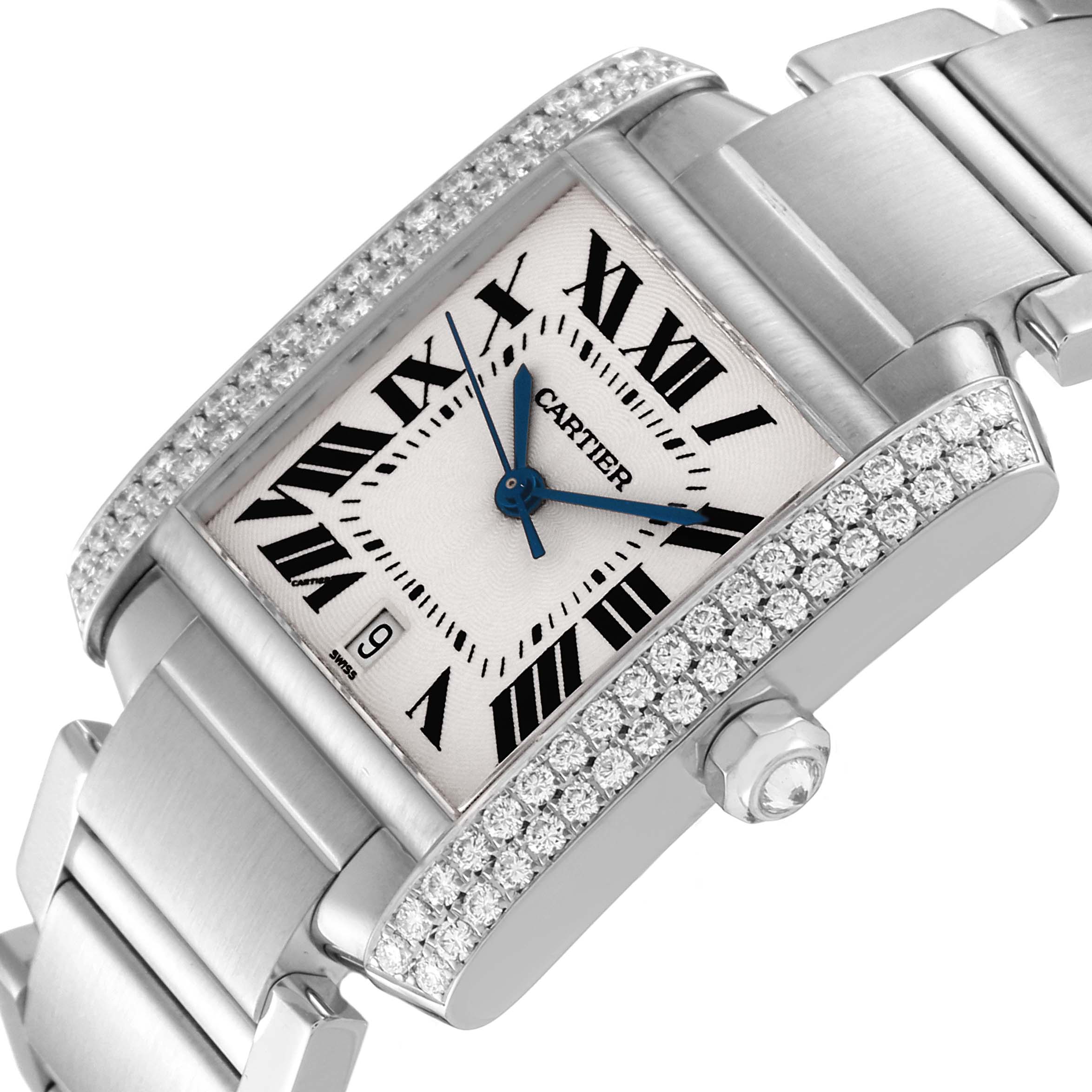 The image shows a close-up angled view of a Cartier Tank Française watch, highlighting the diamond-encrusted bezel and Roman numeral dial.
