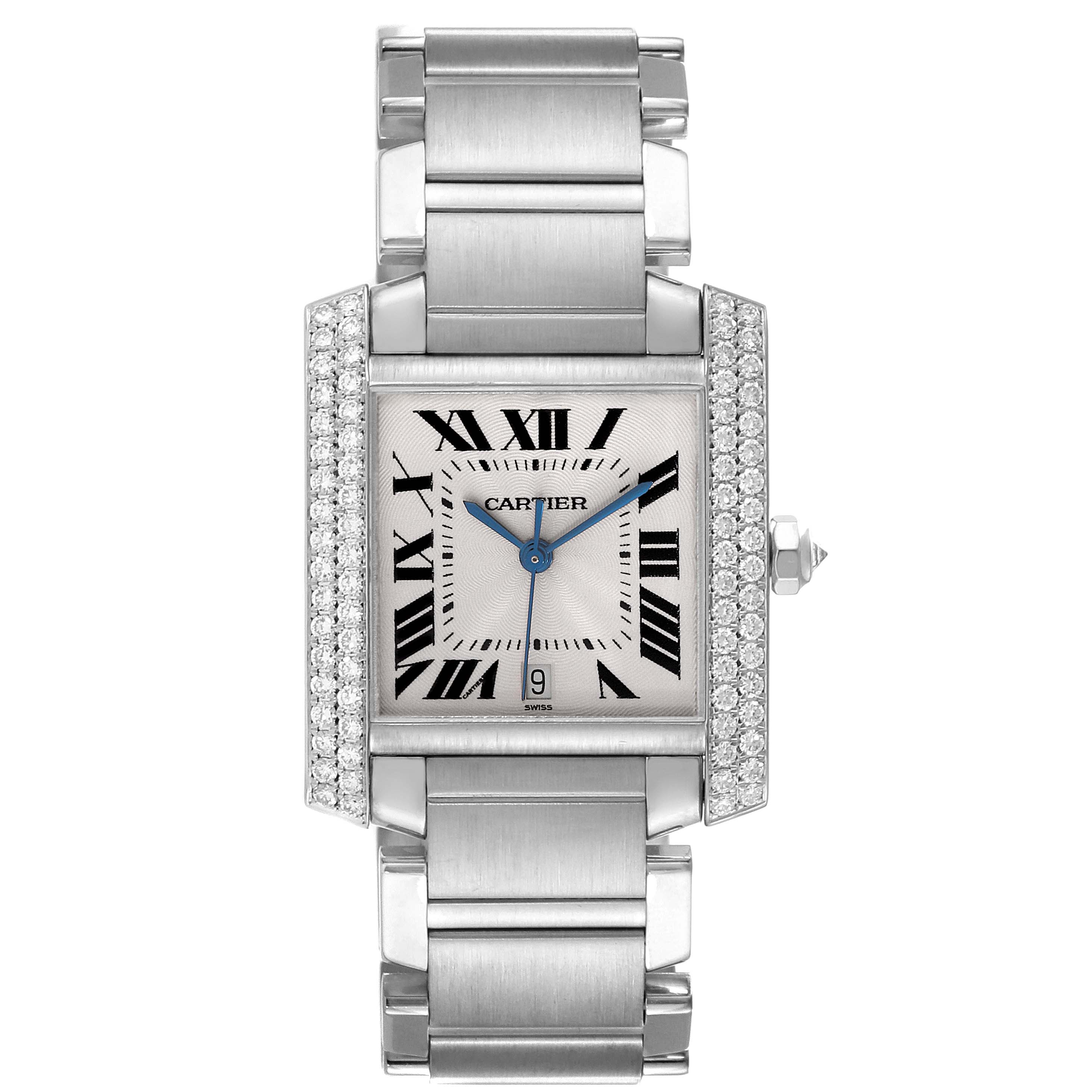 The image shows a frontal view of the Cartier Tank Française watch, highlighting its square dial with Roman numerals and metal bracelet.