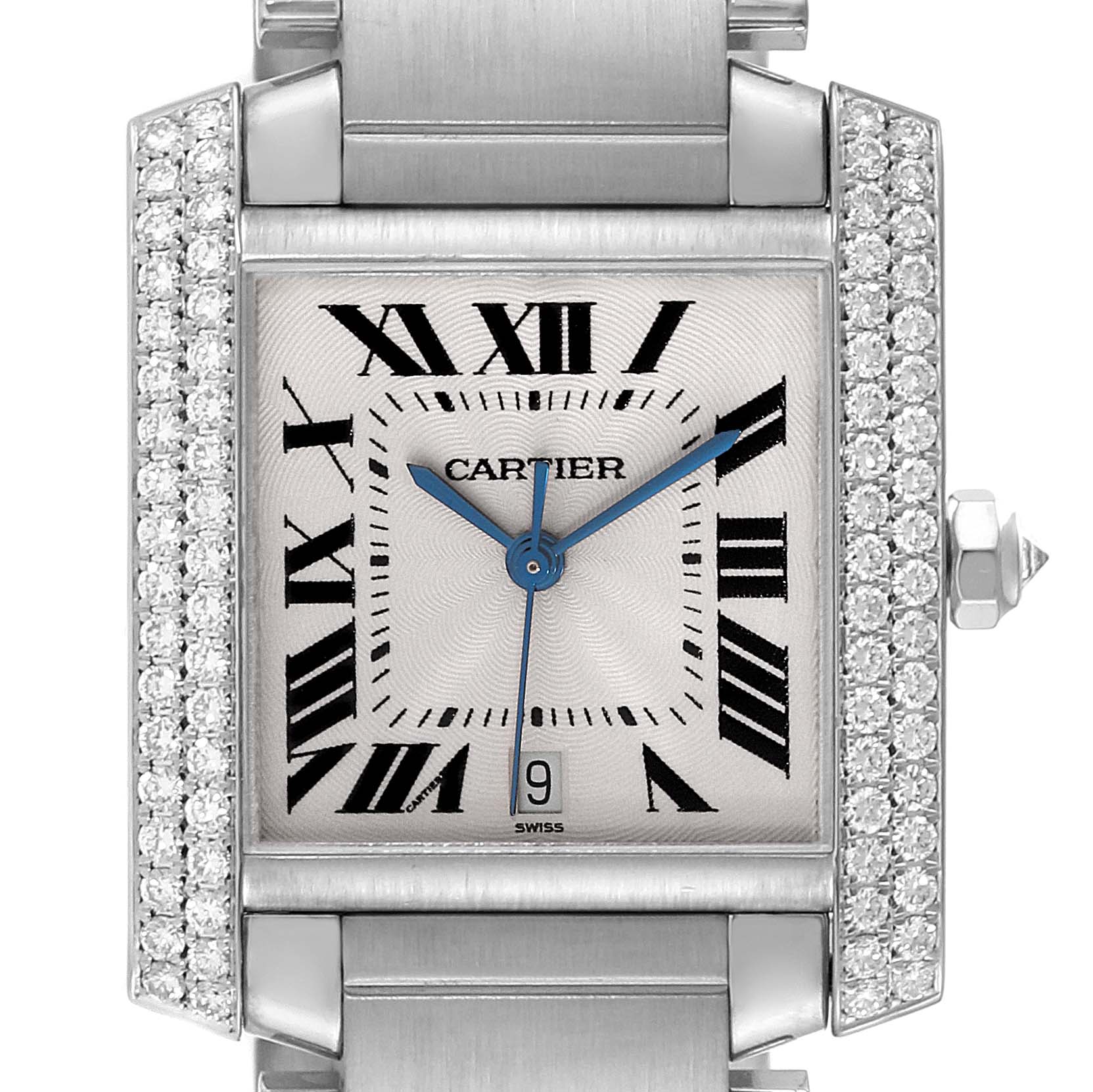 Close-up view of the Cartier Tank Francaise 2366 Men's White Gold Silver Dial 2366 Men's White Gold Silver Dial watch, showcasing its dial, Roman numerals, and diamond-studded case.