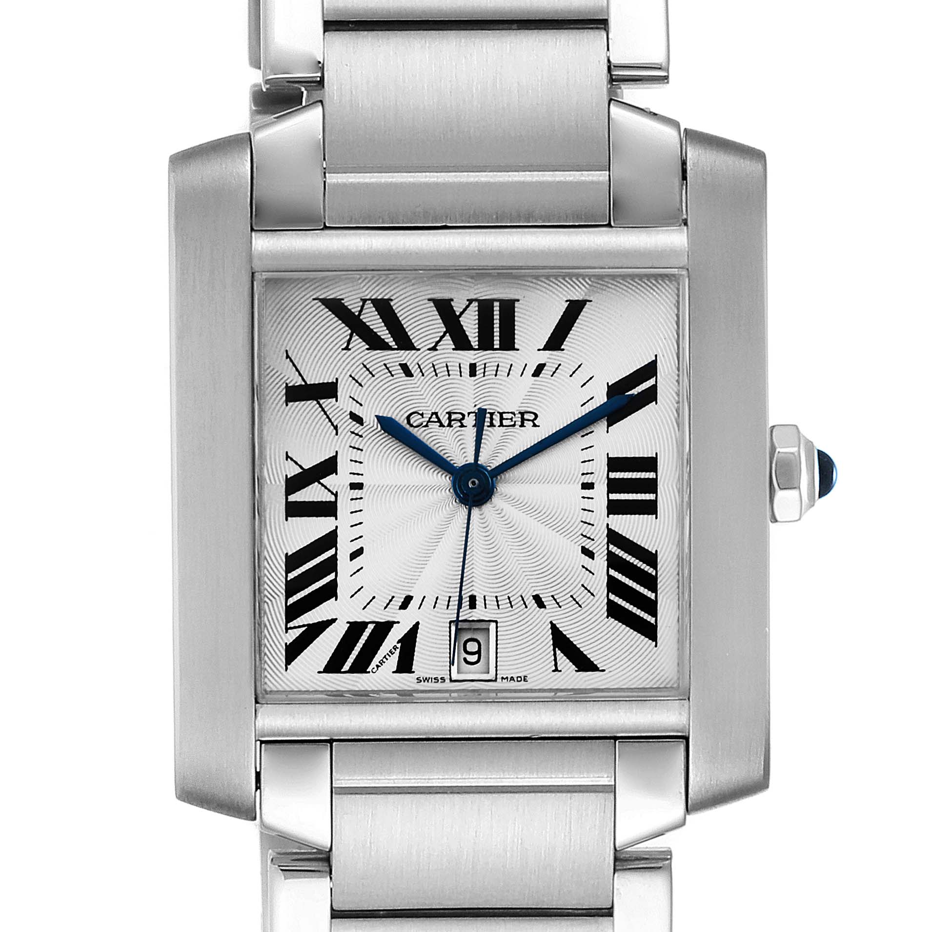 This image shows a front view of the Cartier Tank Francaise W51002Q3 Men's Stainless Steel Silver Dial W51002Q3 Men's Stainless Steel Silver Dial watch, highlighting its face, hands, markers, and bracelet.