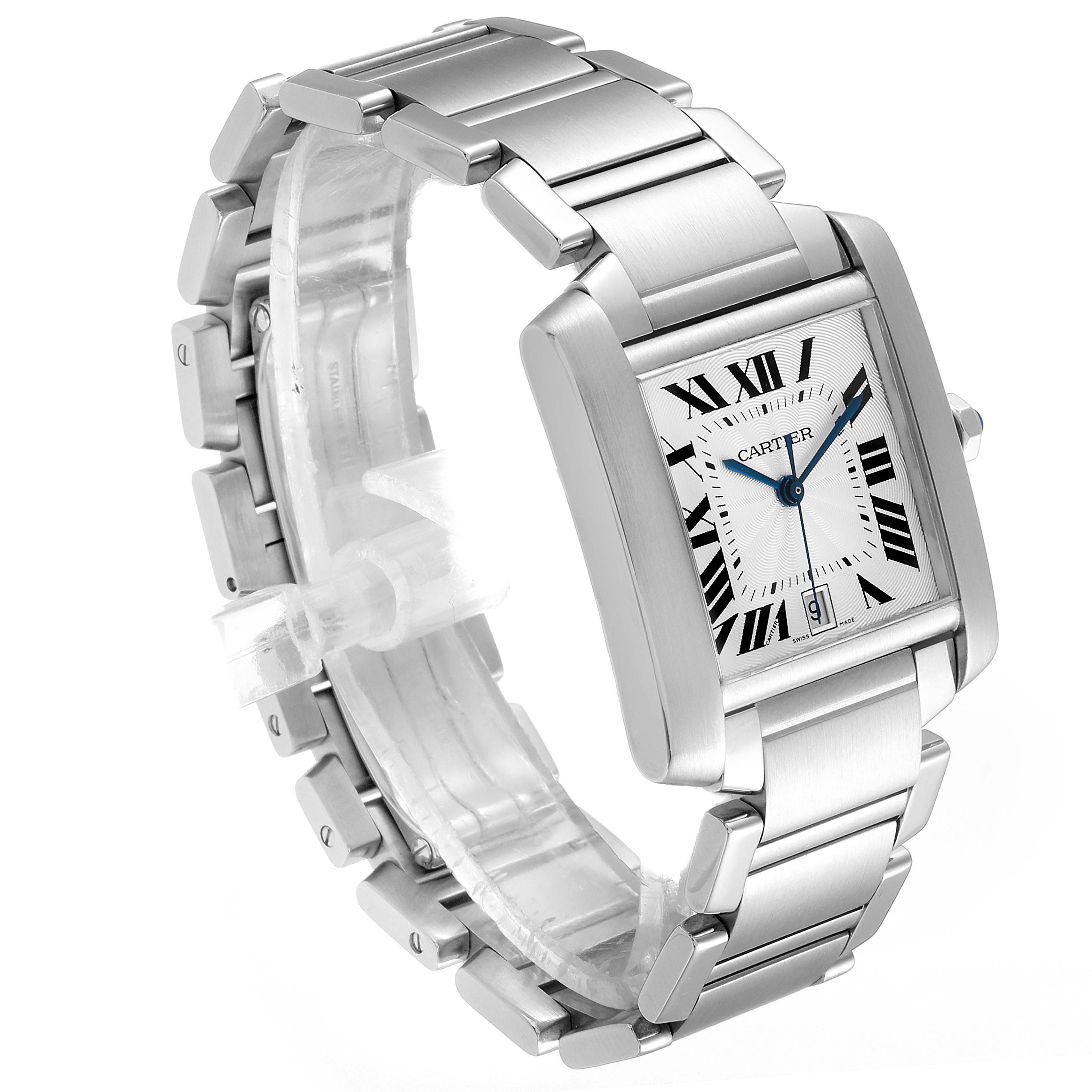 This Tank Francaise model by Cartier is shown in a side angle, highlighting its rectangular face and metal bracelet.