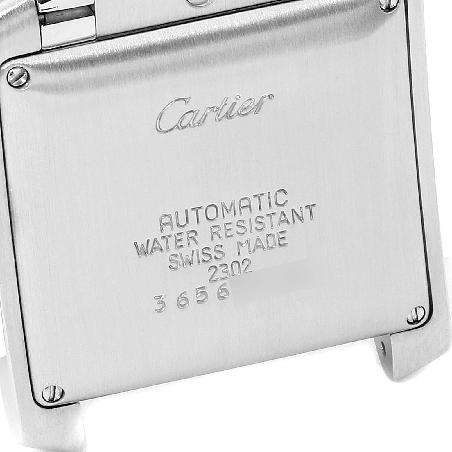 The image shows the back case of a Cartier Tank Francaise W51002Q3 Men's Stainless Steel Silver Dial W51002Q3 Men's Stainless Steel Silver Dial watch, highlighting the brand, model, and specifications.