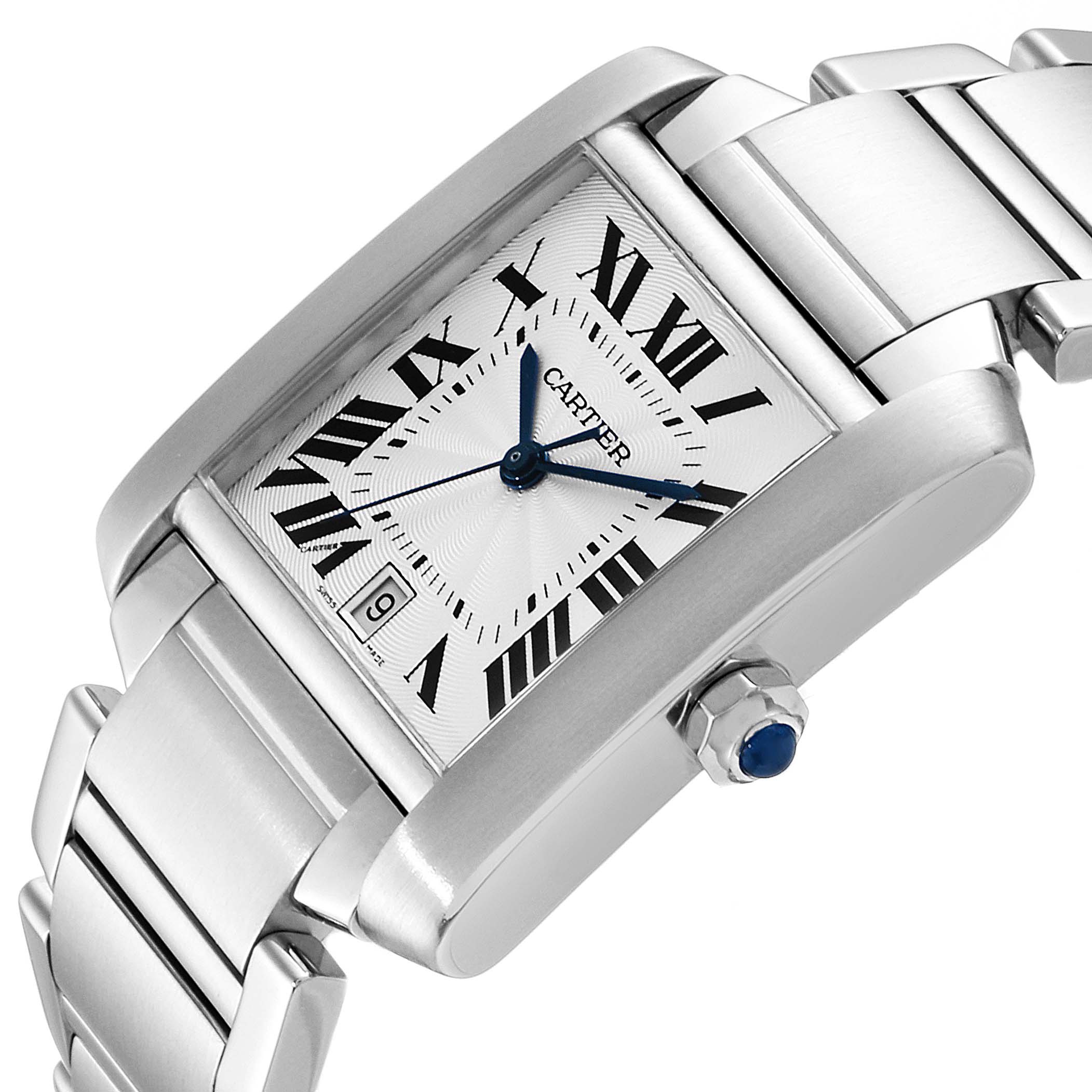 The image shows a close-up side angle of the Cartier Tank Francaise W51002Q3 Men's Stainless Steel Silver Dial W51002Q3 Men's Stainless Steel Silver Dial watch, highlighting its face, bezel, and bracelet.