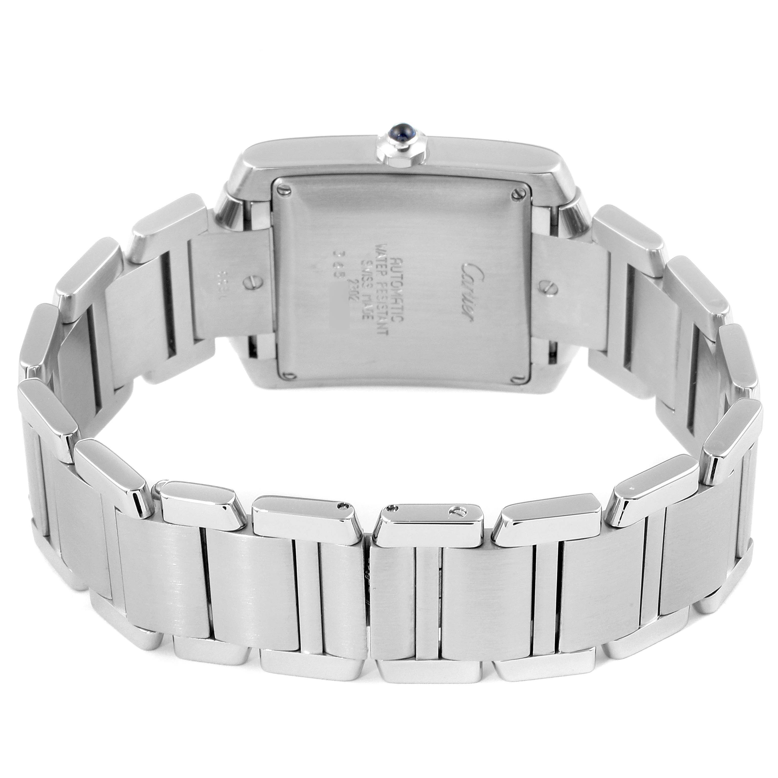 The image shows the back view of the Cartier Tank Francaise W51002Q3 Men's Stainless Steel Silver Dial W51002Q3 Men's Stainless Steel Silver Dial watch, highlighting its stainless steel case and bracelet.