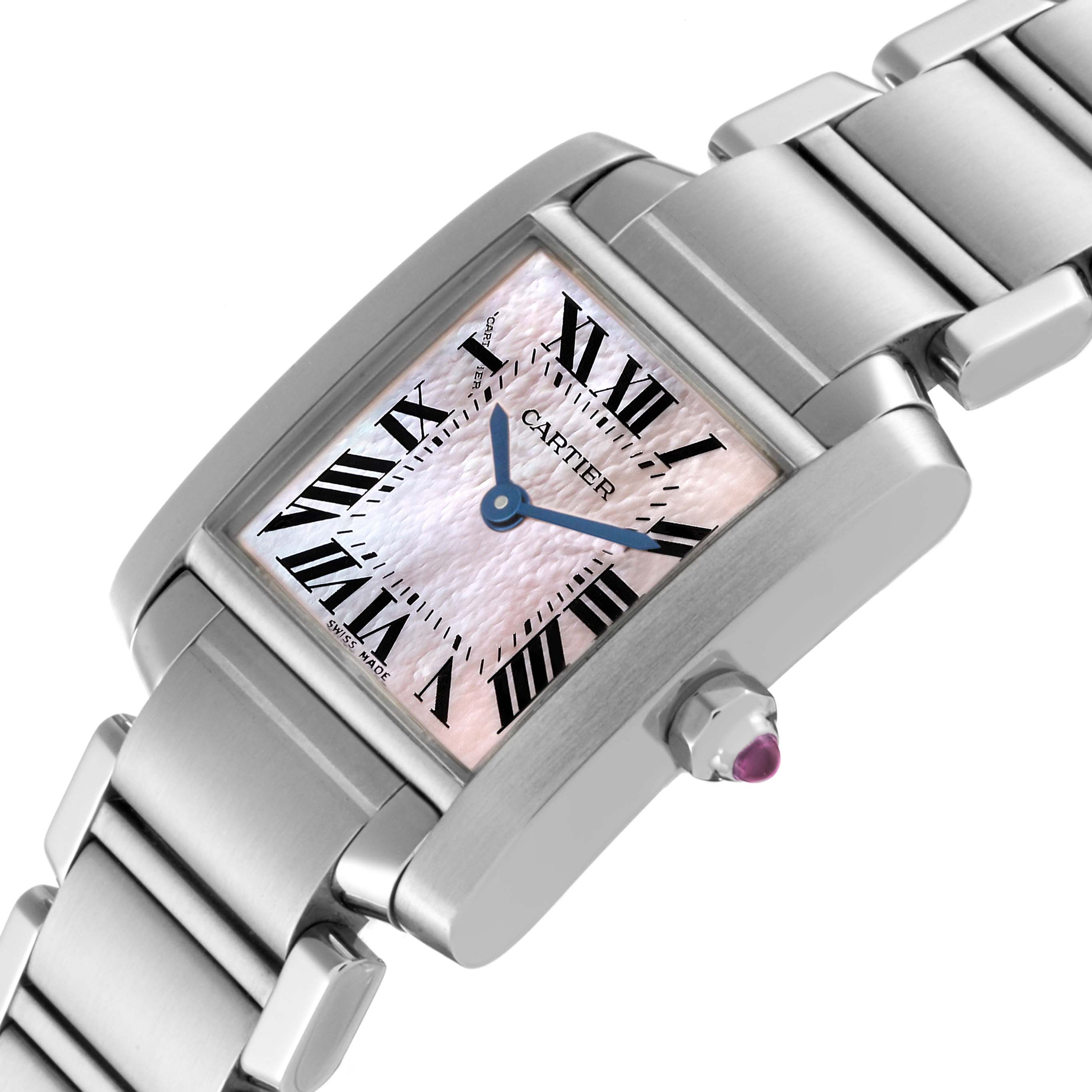 The image shows a close-up angle of the face and partial bracelet of the Cartier Tank Française watch.