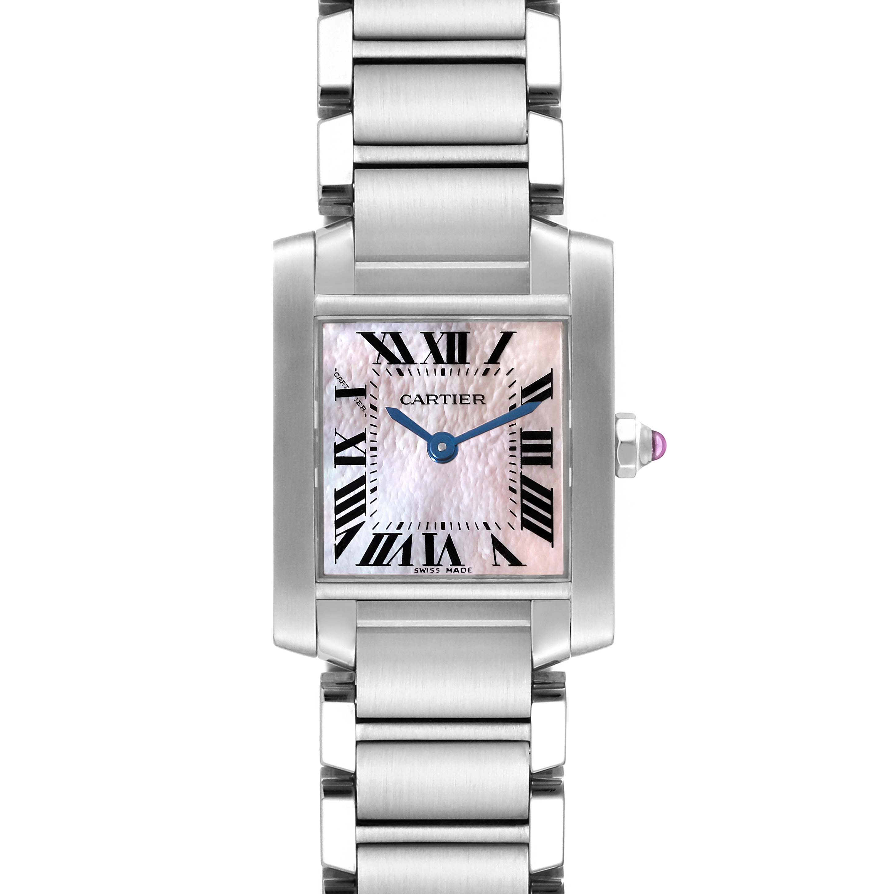 The image shows a front view of the Cartier Tank Francaise W51028Q3 Women's Stainless Steel Mother of Pearl Dial W51028Q3 Women's Stainless Steel Mother of Pearl Dial watch, highlighting its face, bezel, and part of the bracelet.