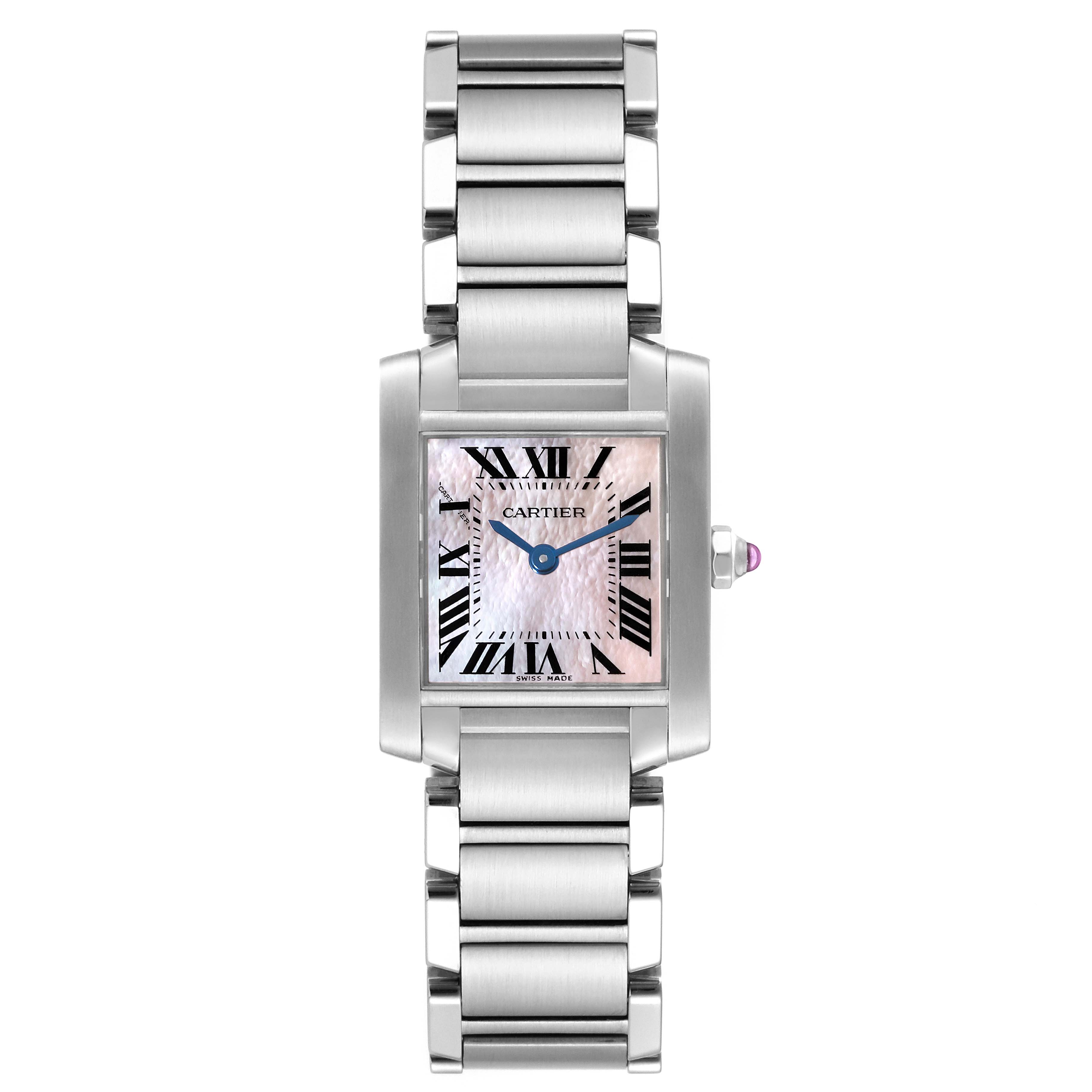 This image shows a Cartier Tank Francaise W51028Q3 Women's Stainless Steel Mother of Pearl Dial W51028Q3 Women's Stainless Steel Mother of Pearl Dial watch from a front angle, highlighting the case and bracelet.