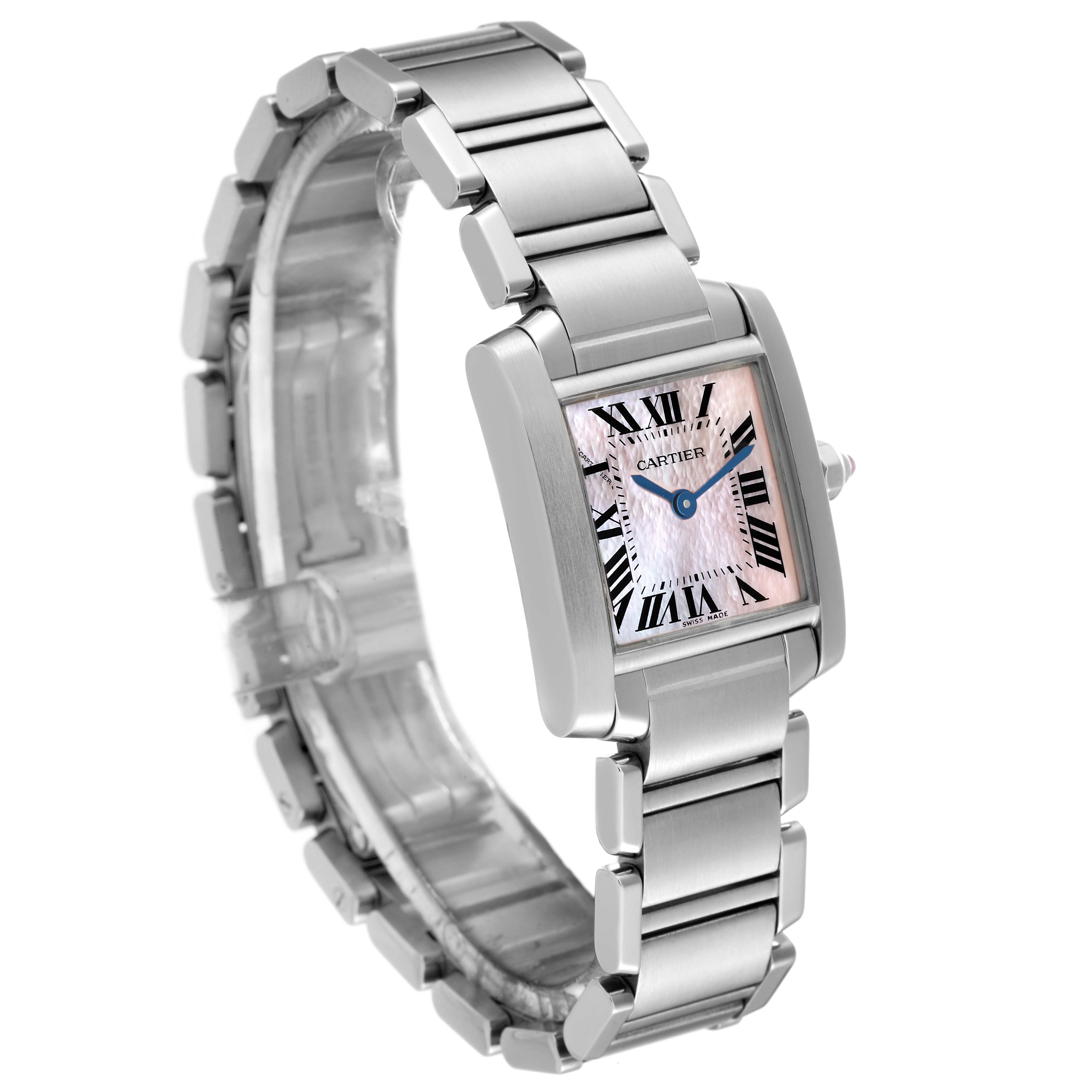 The image shows a Cartier Tank Francaise W51028Q3 Women's Stainless Steel Mother of Pearl Dial W51028Q3 Women's Stainless Steel Mother of Pearl Dial watch at an oblique angle, highlighting its stainless steel bracelet and rectangular face.