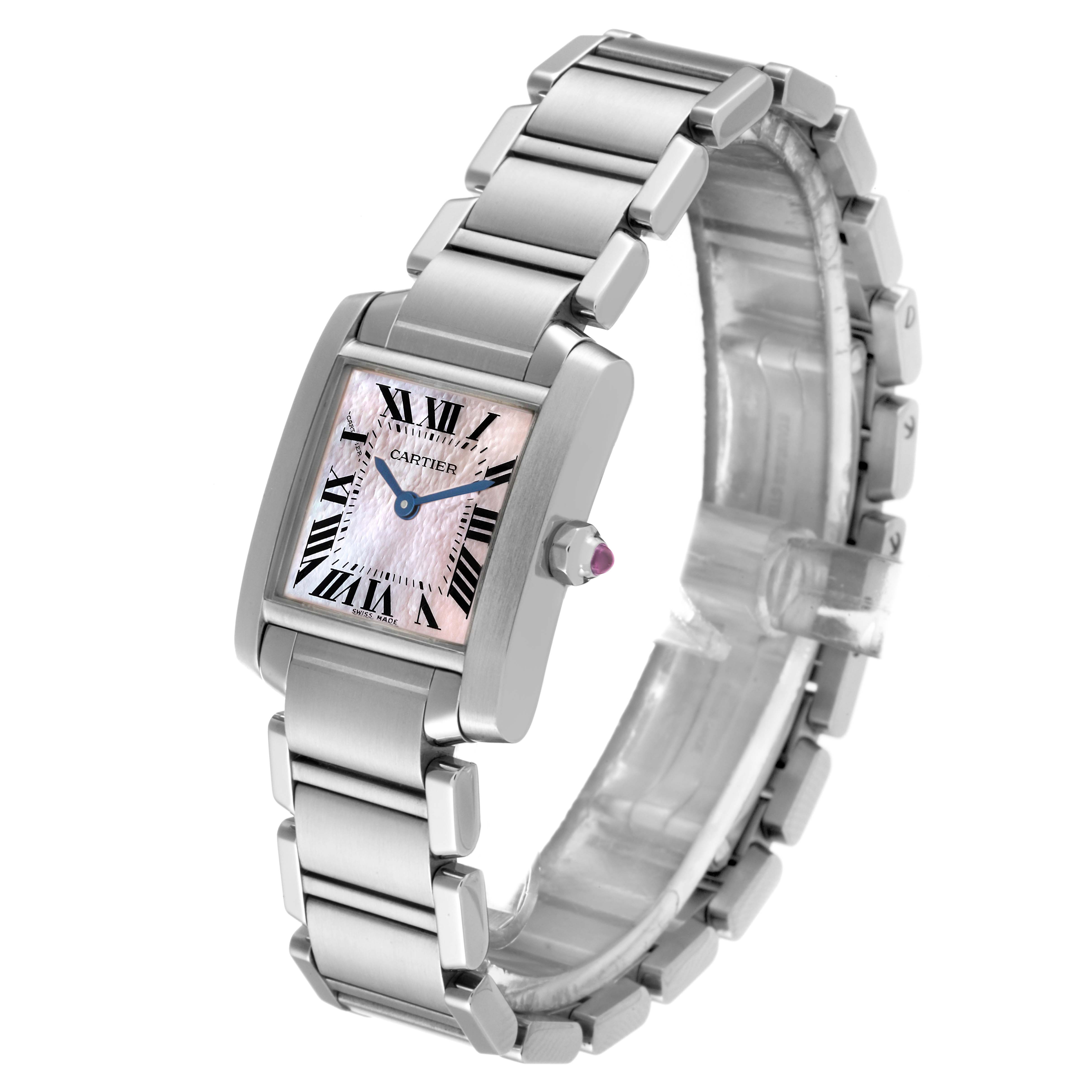 The image shows a side angle of a Cartier Tank Française watch, highlighting its stainless steel bracelet and rectangular face.