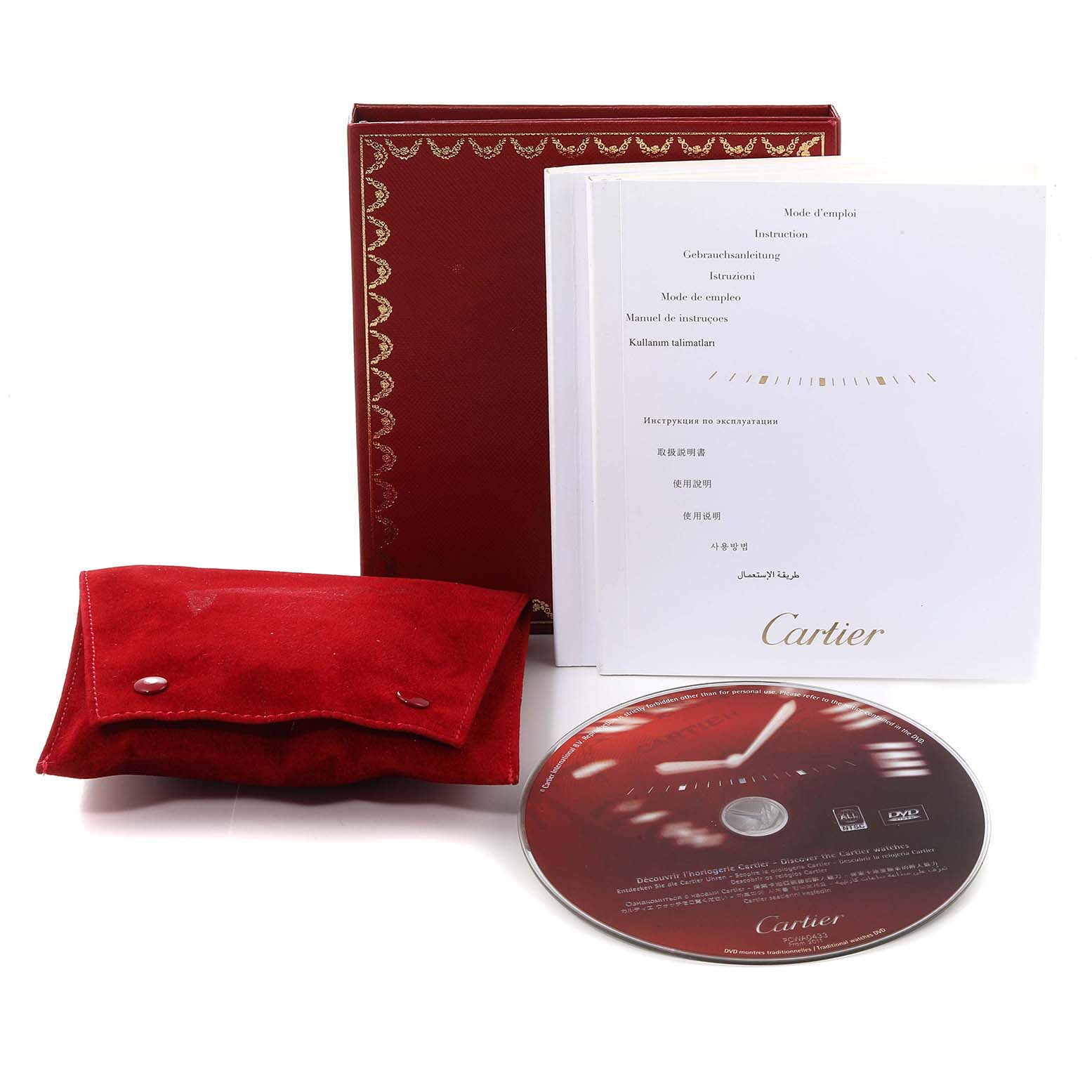 The image shows the Cartier Tank Francaise W51028Q3 Women's Stainless Steel Mother of Pearl Dial W51028Q3 Women's Stainless Steel Mother of Pearl Dial watch packaging, including a red pouch, instruction booklet, and a CD.