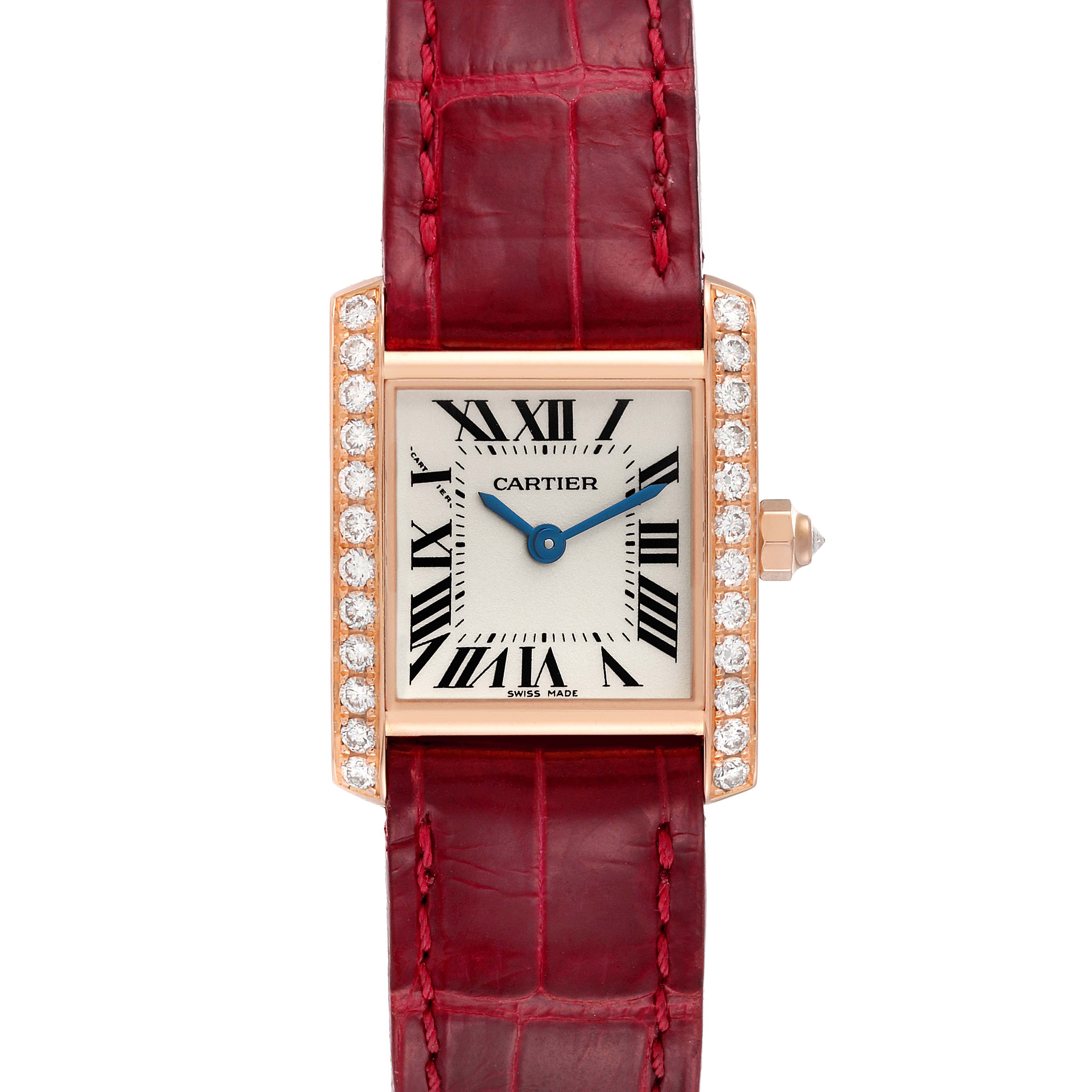 This image shows a front view of the Tank Française model by Cartier, featuring a rectangular face with Roman numerals and a red leather strap.