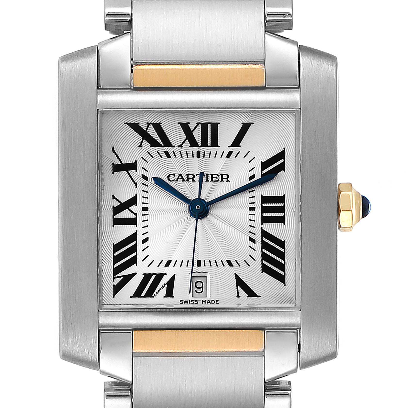 This Cartier Tank Francaise W51005Q4 Men's Steel and Gold (two tone) Silver Dial W51005Q4 Men's Steel and Gold (two tone) Silver Dial model is shown from a top-down angle highlighting its face, Roman numerals, and part of the bracelet.