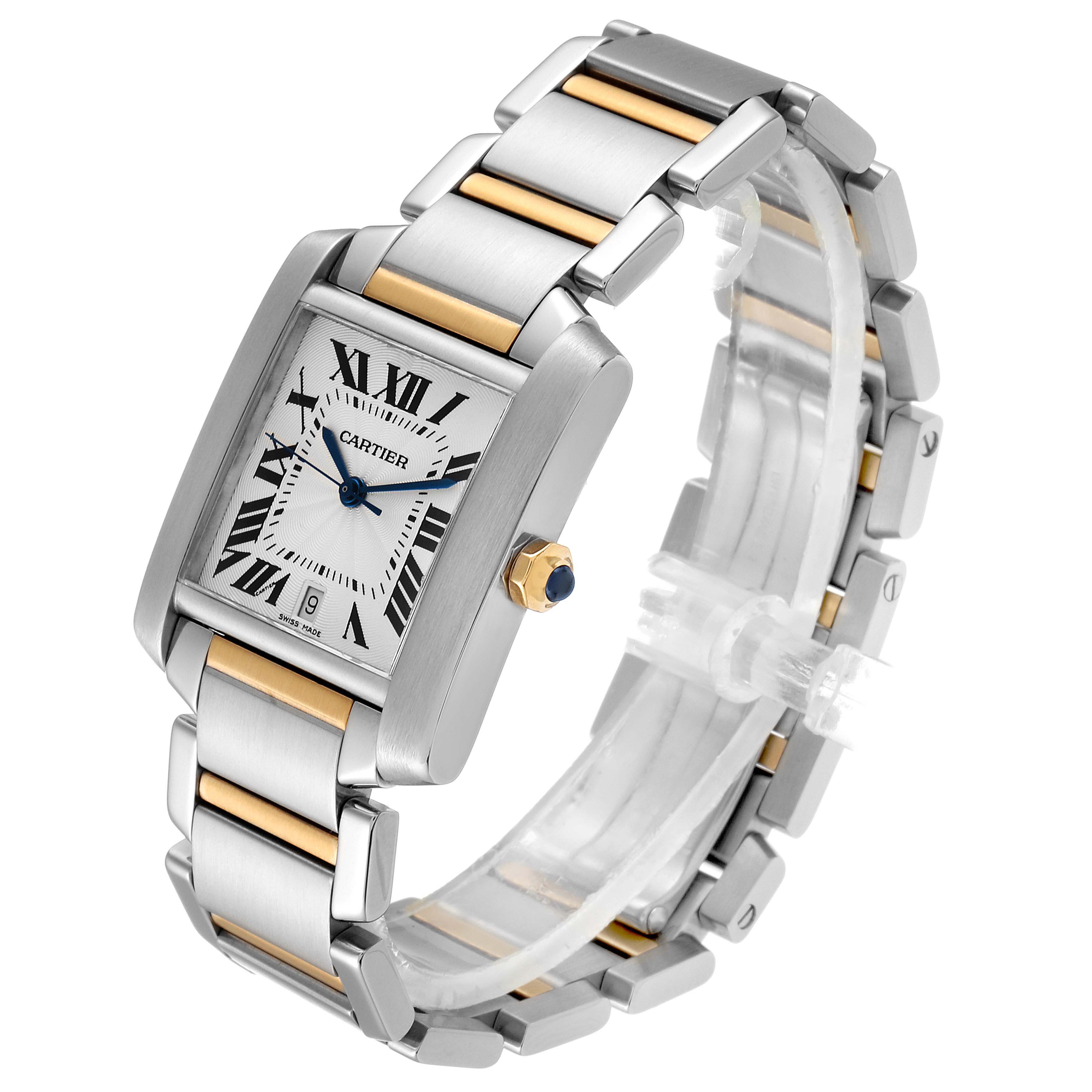 The image shows a Cartier Tank Française watch from an angled side view, highlighting its rectangular face and stainless steel and gold bracelet.