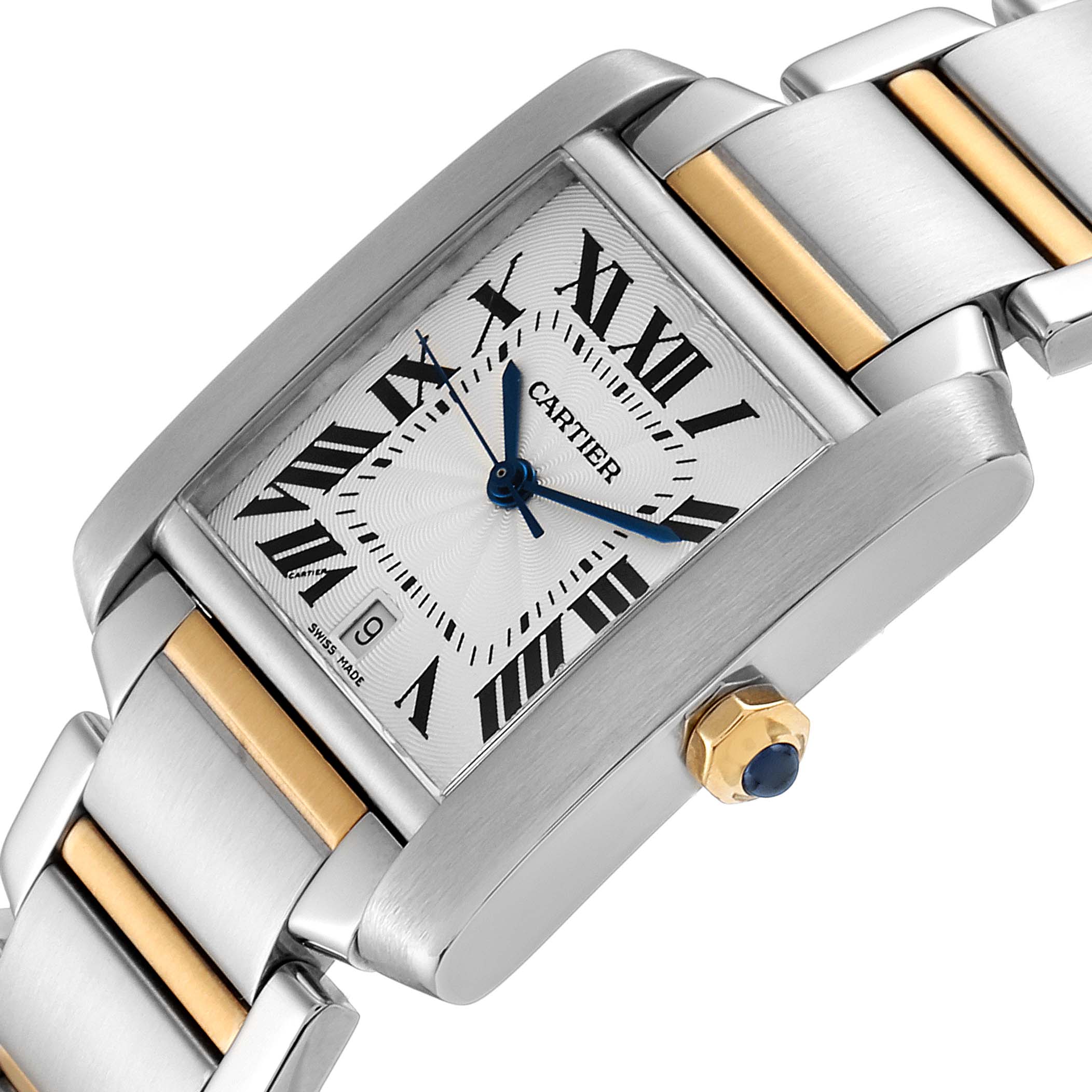 The image shows a close-up of the Cartier Tank Francaise W51005Q4 Men's Steel and Gold (two tone) Silver Dial W51005Q4 Men's Steel and Gold (two tone) Silver Dial watch, highlighting the face, crown, and part of the bracelet.