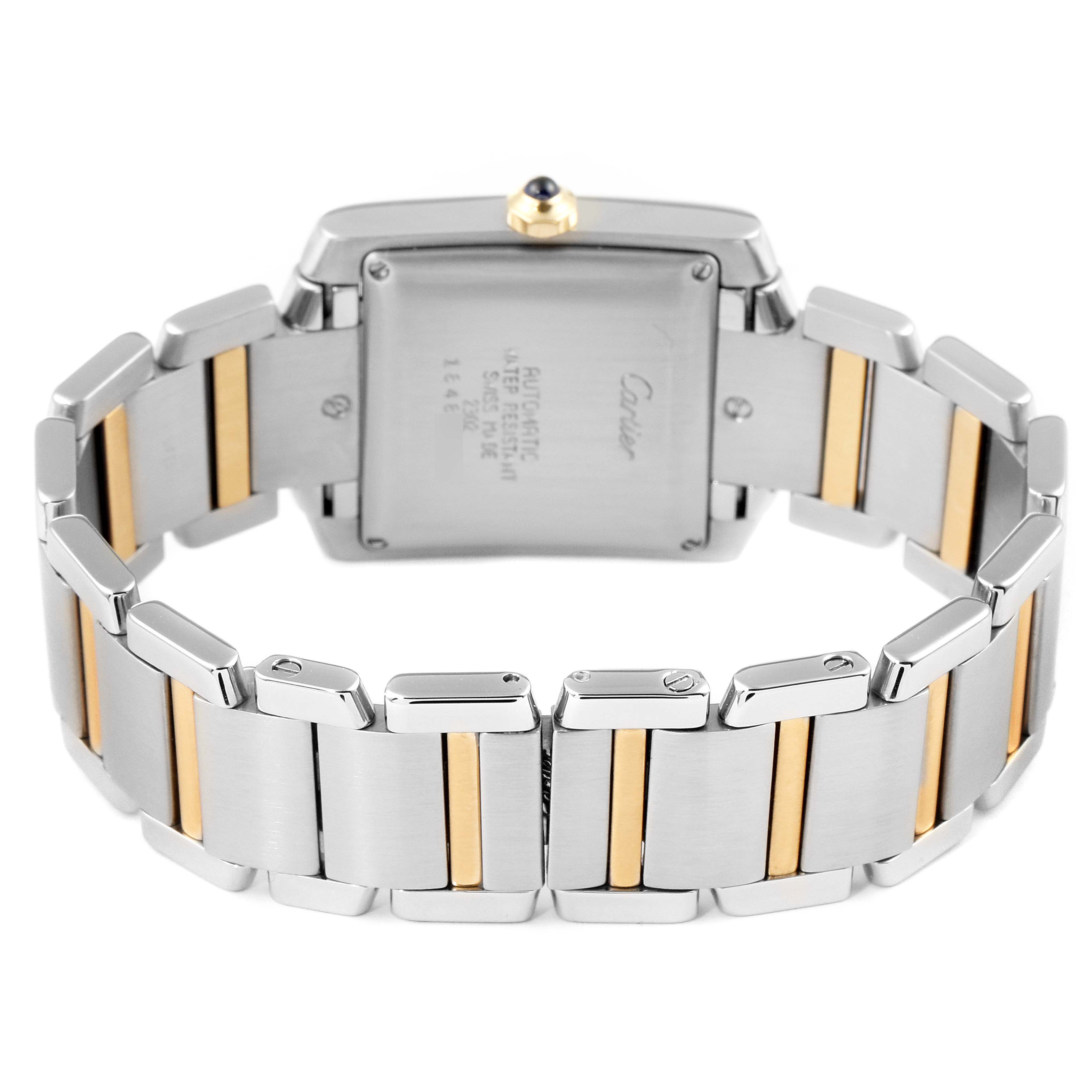 The image shows the back case and bracelet of a Cartier Tank Francaise W51005Q4 Men's Steel and Gold (two tone) Silver Dial W51005Q4 Men's Steel and Gold (two tone) Silver Dial watch, with a two-tone metal design.