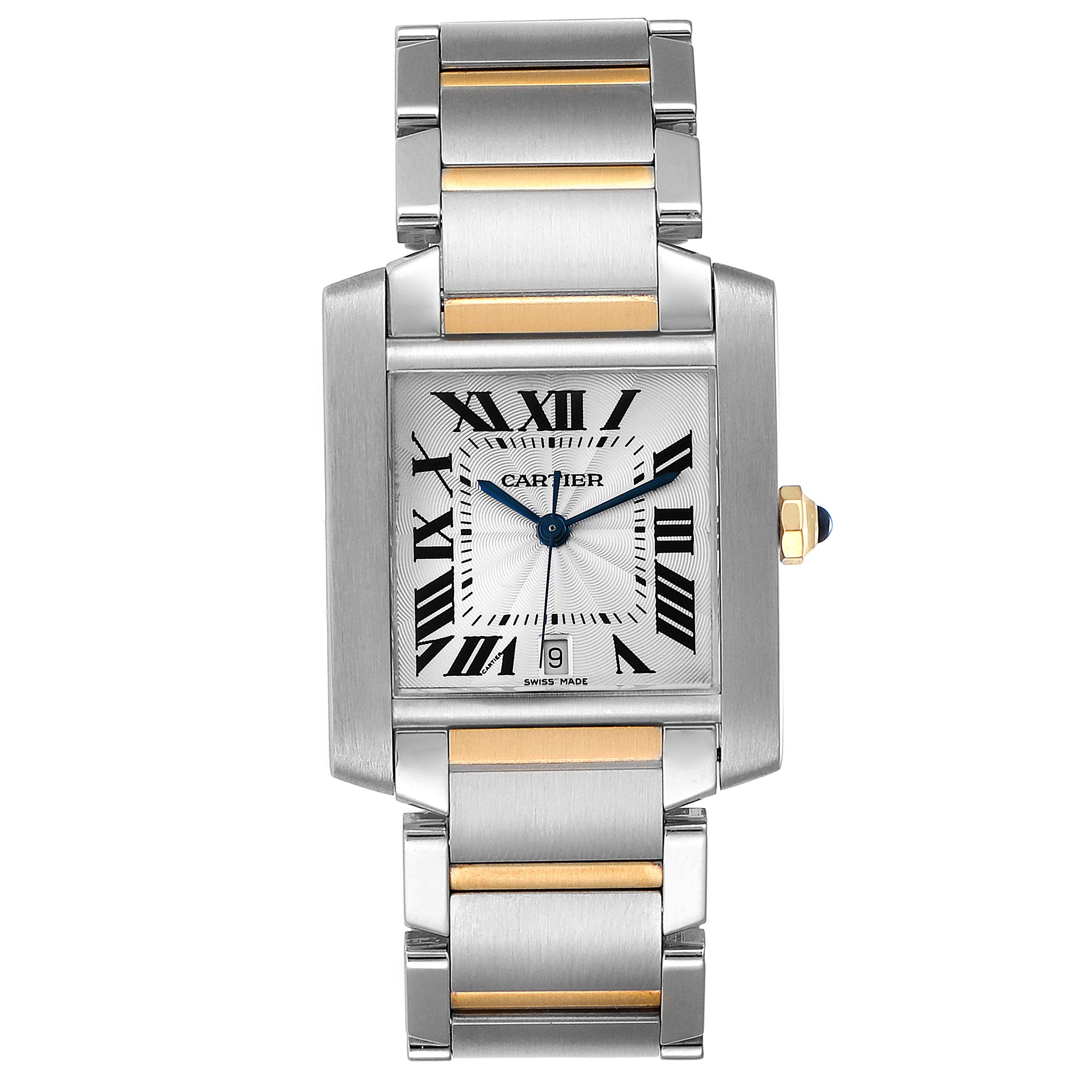 The Cartier Tank Francaise W51005Q4 Men's Steel and Gold (two tone) Silver Dial W51005Q4 Men's Steel and Gold (two tone) Silver Dial watch is shown from a front angle, highlighting its face, bracelet, and crown.