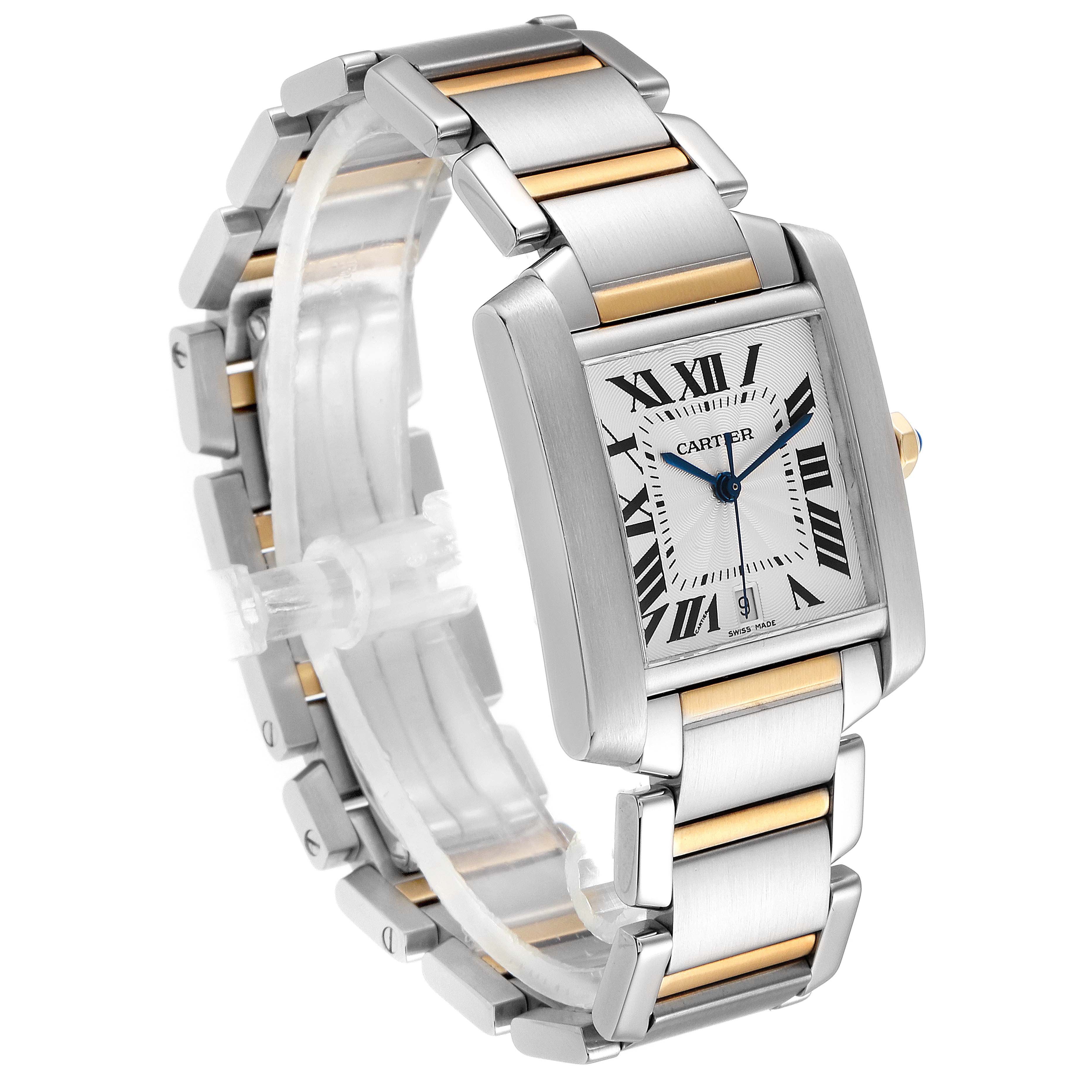 This image shows a Cartier Tank Francaise W51005Q4 Men's Steel and Gold (two tone) Silver Dial W51005Q4 Men's Steel and Gold (two tone) Silver Dial watch angled to display the face and part of the metal bracelet.