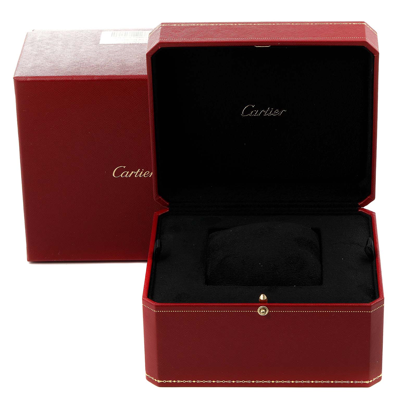 The image shows an open Cartier red box and a pillow cushion for the Tank Francaise model by Cartier, with an outer packaging box behind.