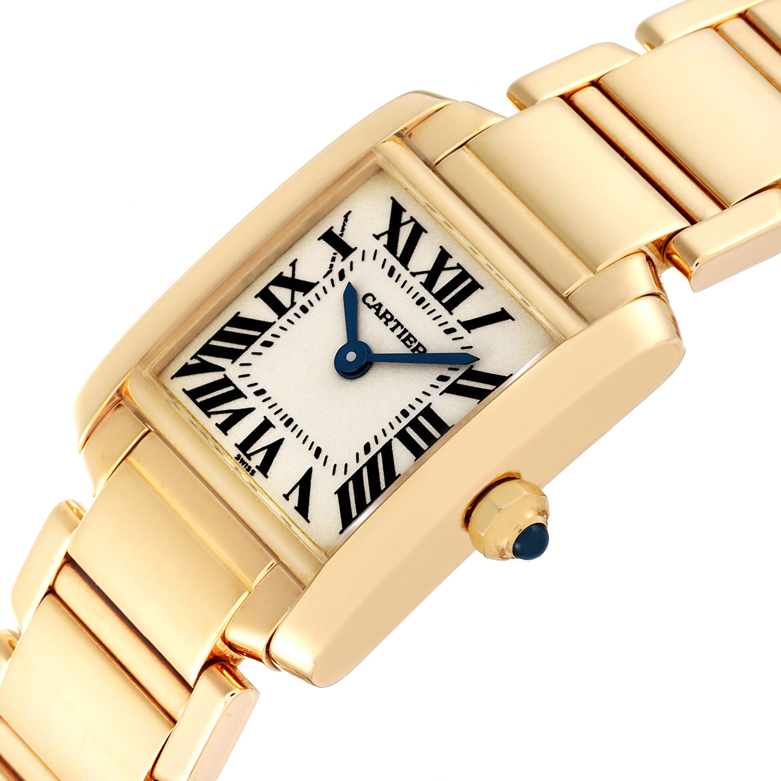 The image shows a close-up angled view of a Cartier Tank Francaise W50002N2 Women's Yellow Gold Silver Dial W50002N2 Women's Yellow Gold Silver Dial watch, highlighting its face and part of the bracelet.