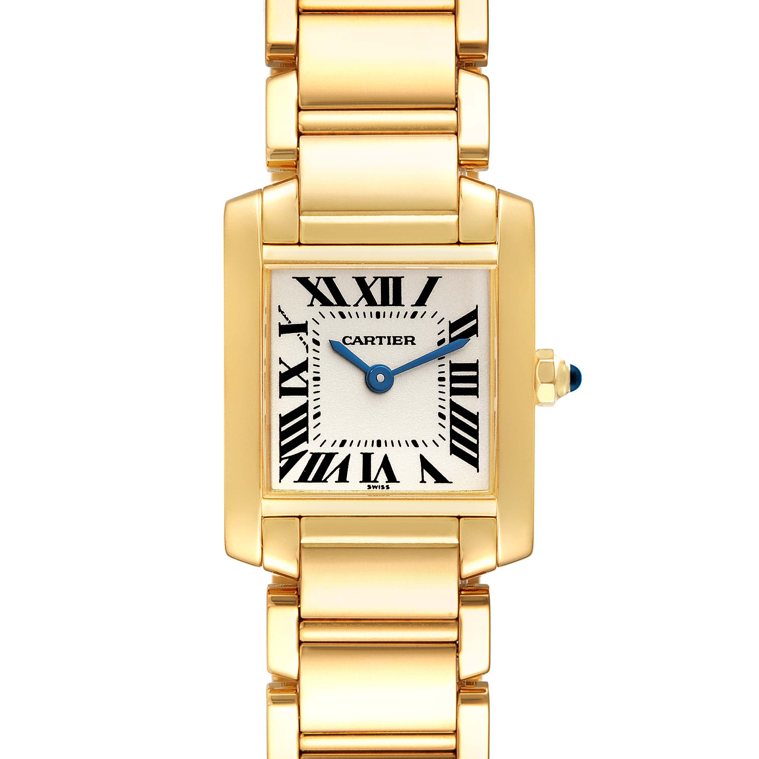 The image shows a front view of a Cartier Tank Française watch, highlighting the face, hands, Roman numerals, and gold bracelet.