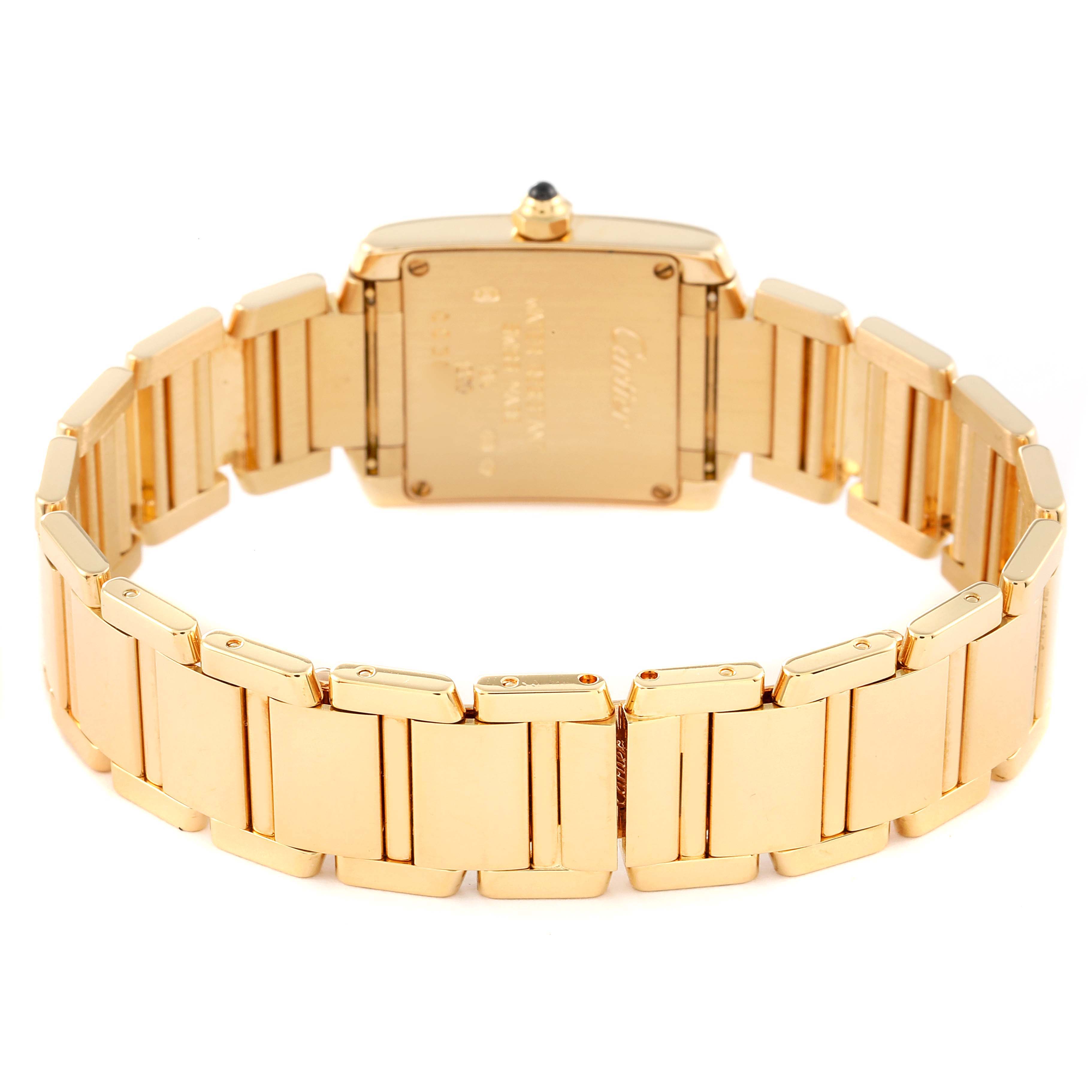 This image shows the back and bracelet of the Cartier Tank Francaise W50002N2 Women's Yellow Gold Silver Dial W50002N2 Women's Yellow Gold Silver Dial watch, with the case back and a portion of the gold bracelet visible.