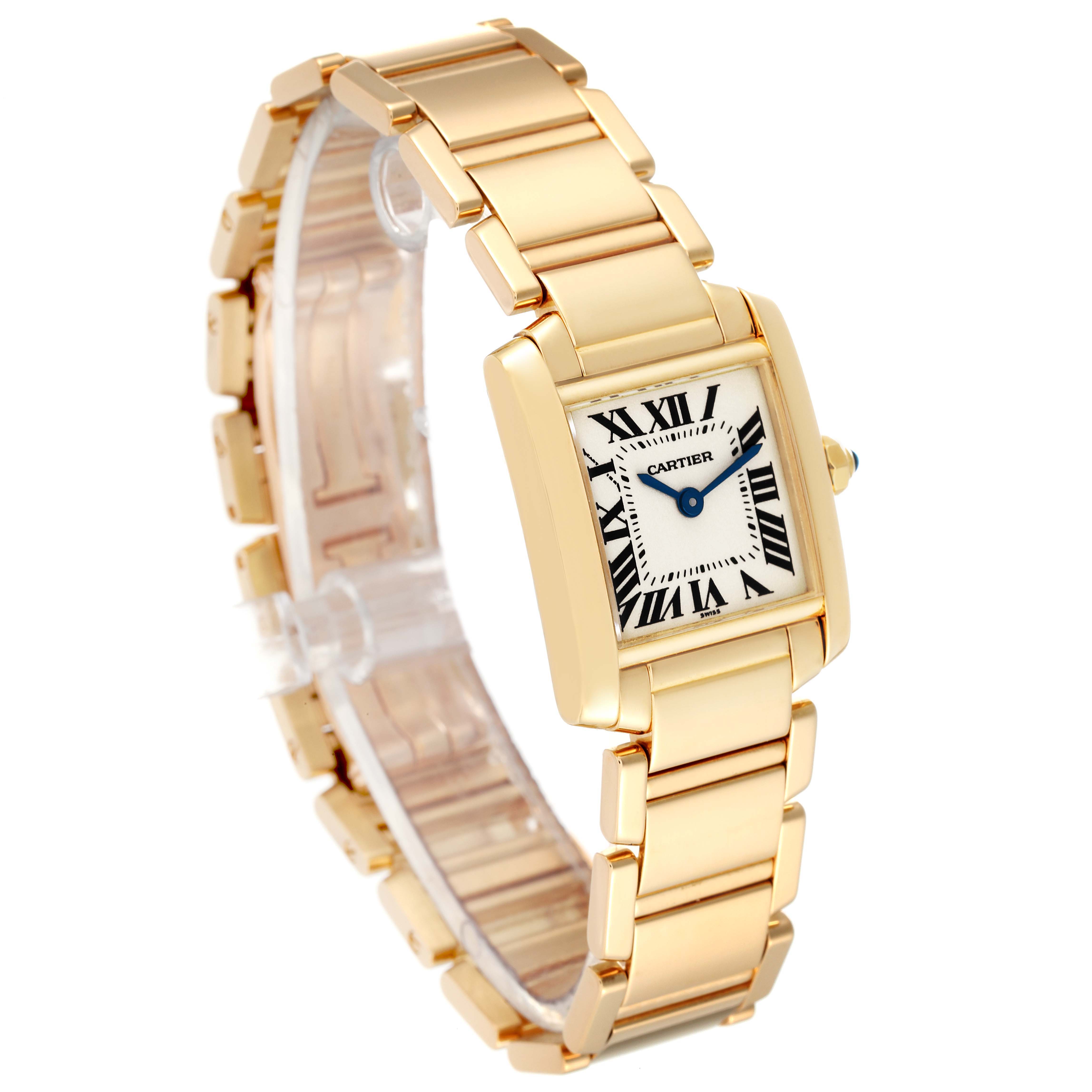 The Cartier Tank Francaise W50002N2 Women's Yellow Gold Silver Dial W50002N2 Women's Yellow Gold Silver Dial watch is shown at a slight angle, highlighting the face, bracelet, and crown.