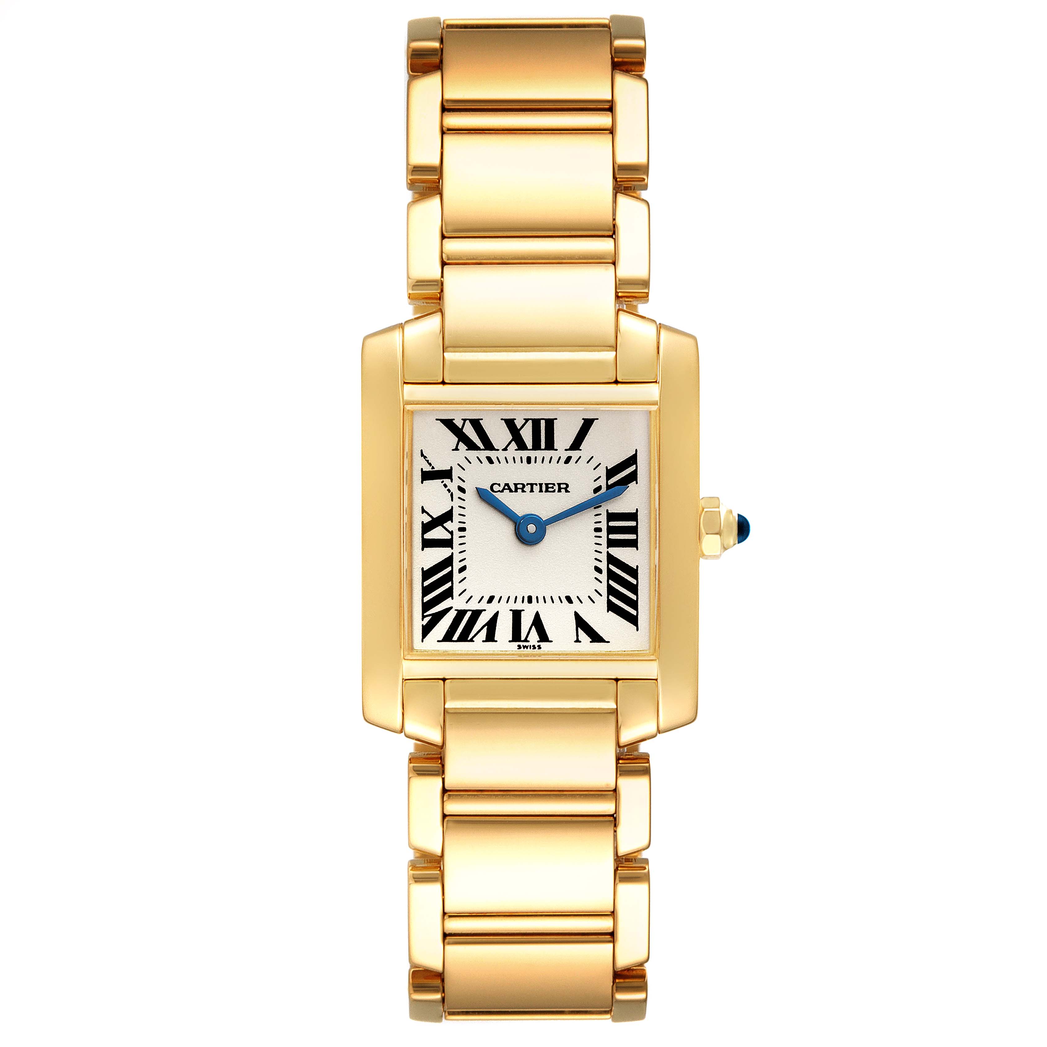 This image shows a top-down view of the Cartier Tank Francaise W50002N2 Women's Yellow Gold Silver Dial W50002N2 Women's Yellow Gold Silver Dial watch, displaying its gold case, bracelet, and Roman numeral dial.