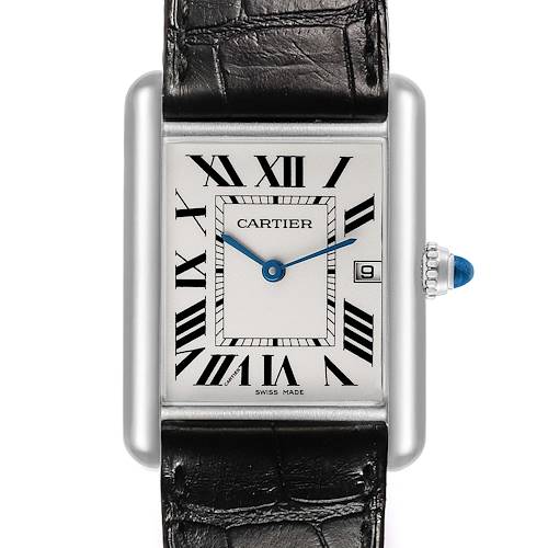 The Cartier Tank Louis W1540956 Men's White Gold Silver Dial watch is shown from a top view, highlighting its rectangular dial, Roman numeral indices, and leather strap.