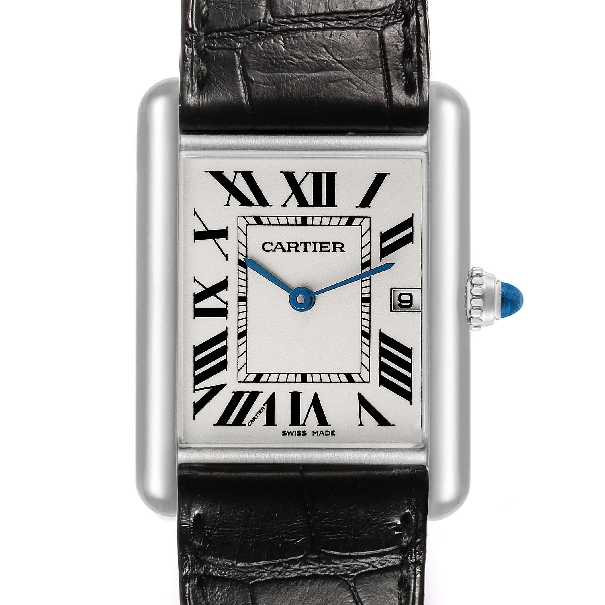 The Cartier Tank Louis W1540956 Men's White Gold Silver Dial watch is shown from a top-down angle, displaying the face, Roman numerals, and a black leather strap.