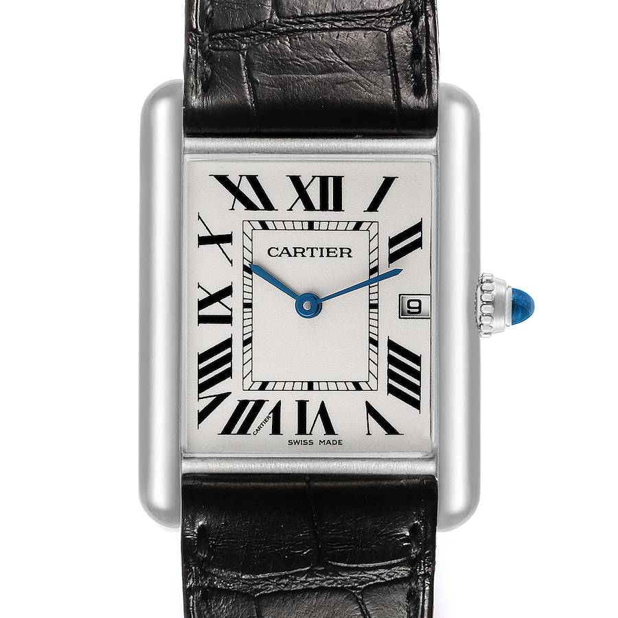 The Cartier Tank Louis W1540956 Men's White Gold Silver Dial watch is shown from a top-down angle, displaying the face, Roman numerals, and a black leather strap.