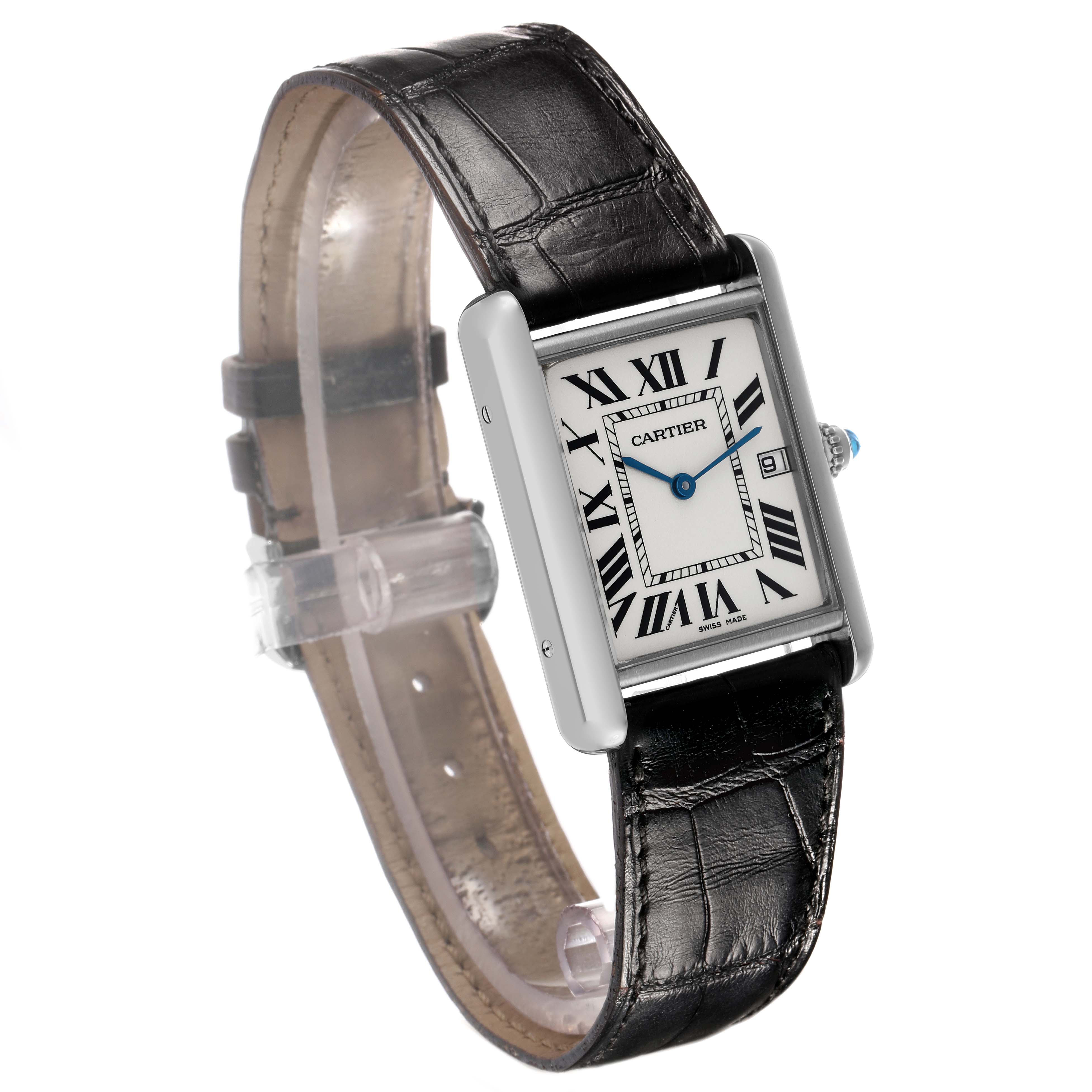 The Cartier Tank Louis W1540956 Men's White Gold Silver Dial watch is shown at a three-quarter angle, displaying its face, Roman numerals, and alligator leather strap.
