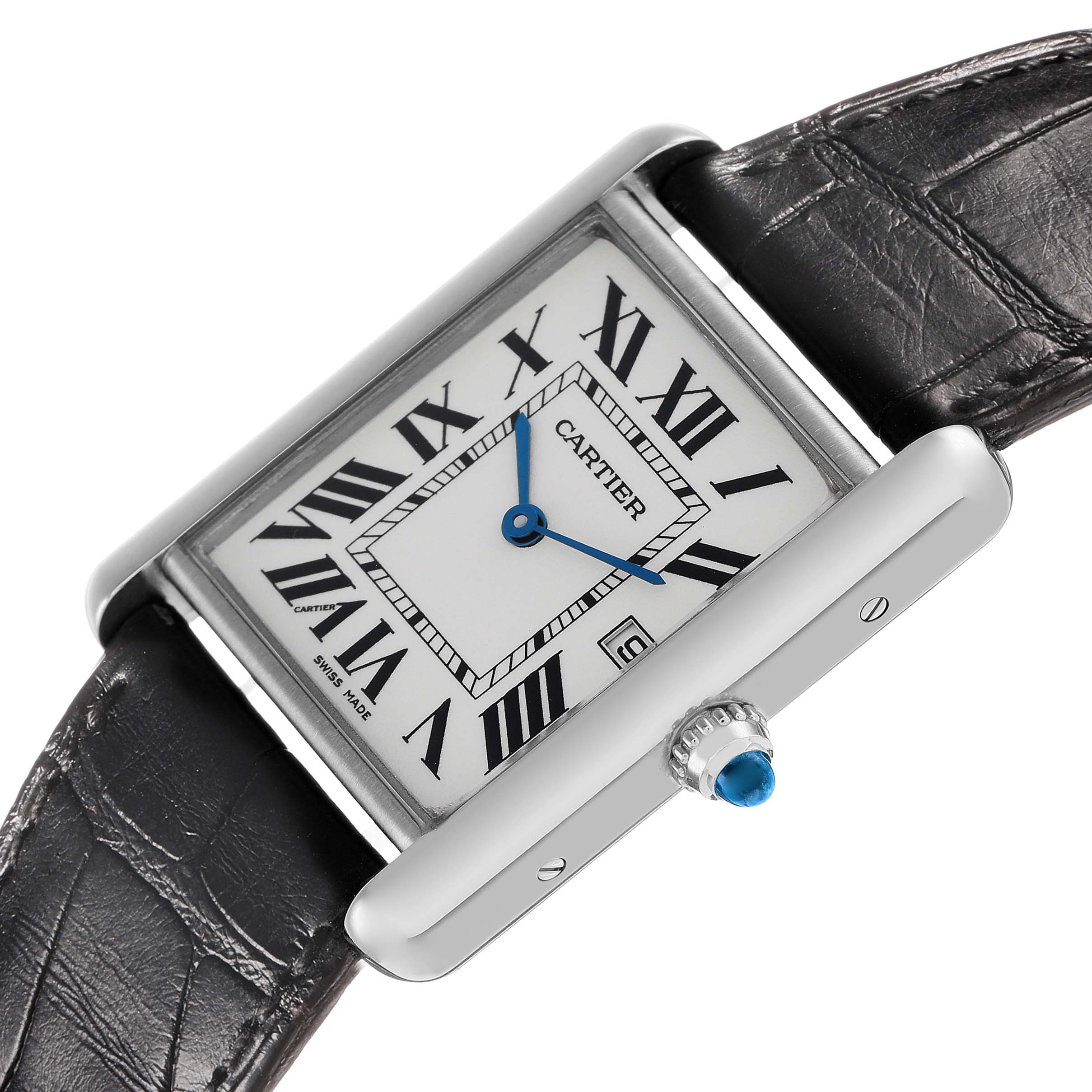 The Cartier Tank Louis W1540956 Men's White Gold Silver Dial watch is shown from a top-side angle, displaying the rectangular face, Roman numerals, and crown with a blue gem.
