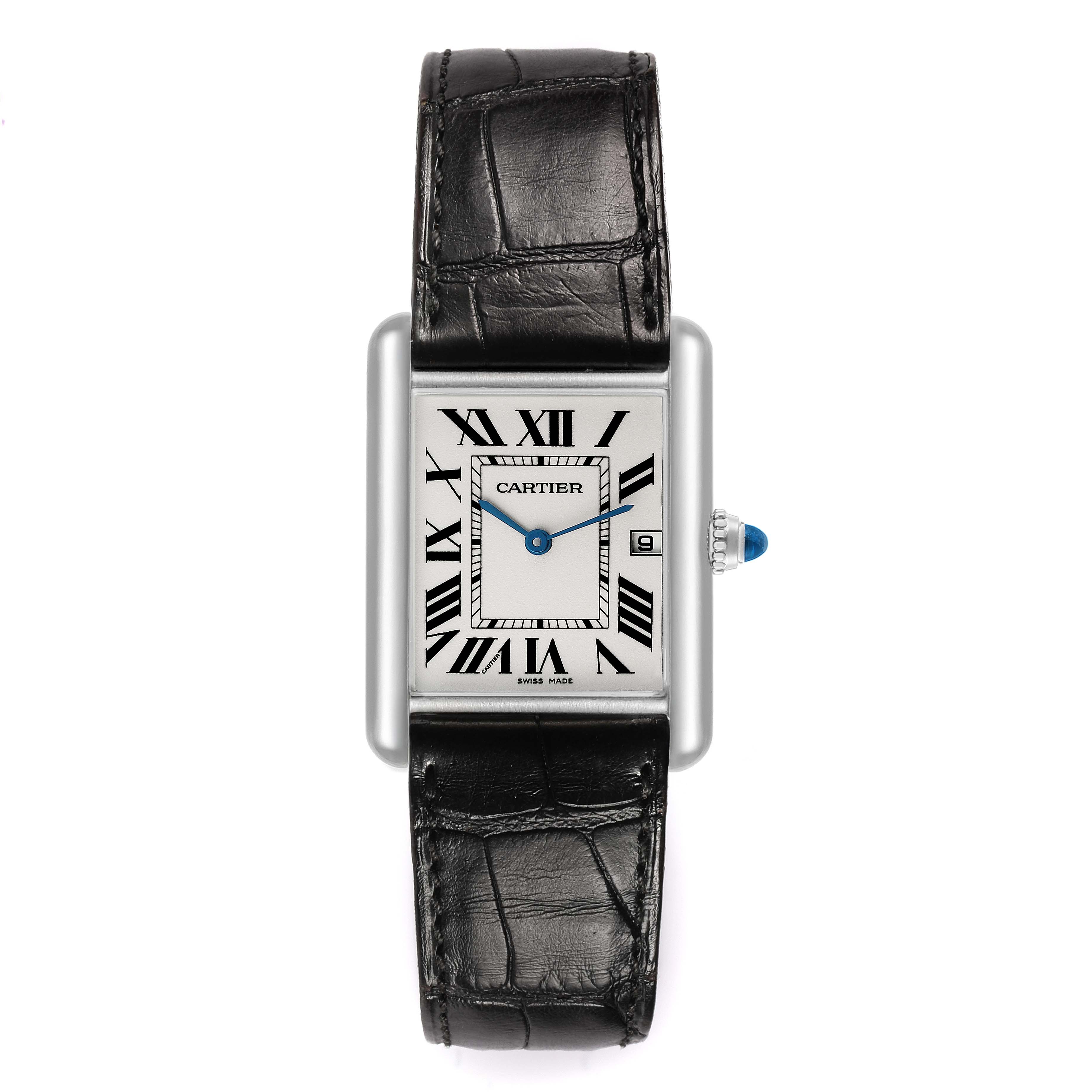 The Tank Louis by Cartier is shown from a top-down view, featuring the face, black leather strap, Roman numerals, and blue hands.