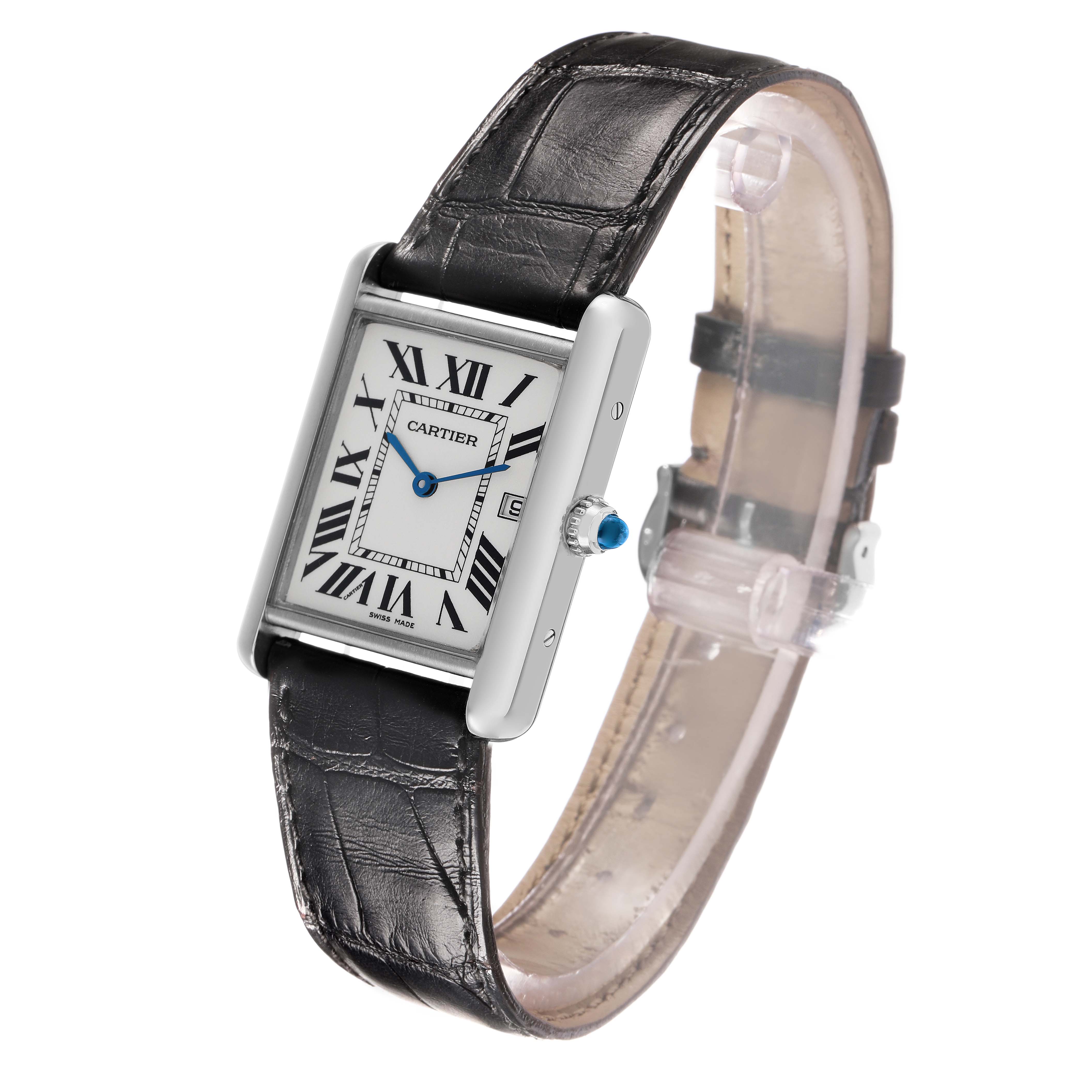 The Cartier Tank Louis W1540956 Men's White Gold Silver Dial watch is shown at an angled side view, highlighting the case, dial, strap, and crown.