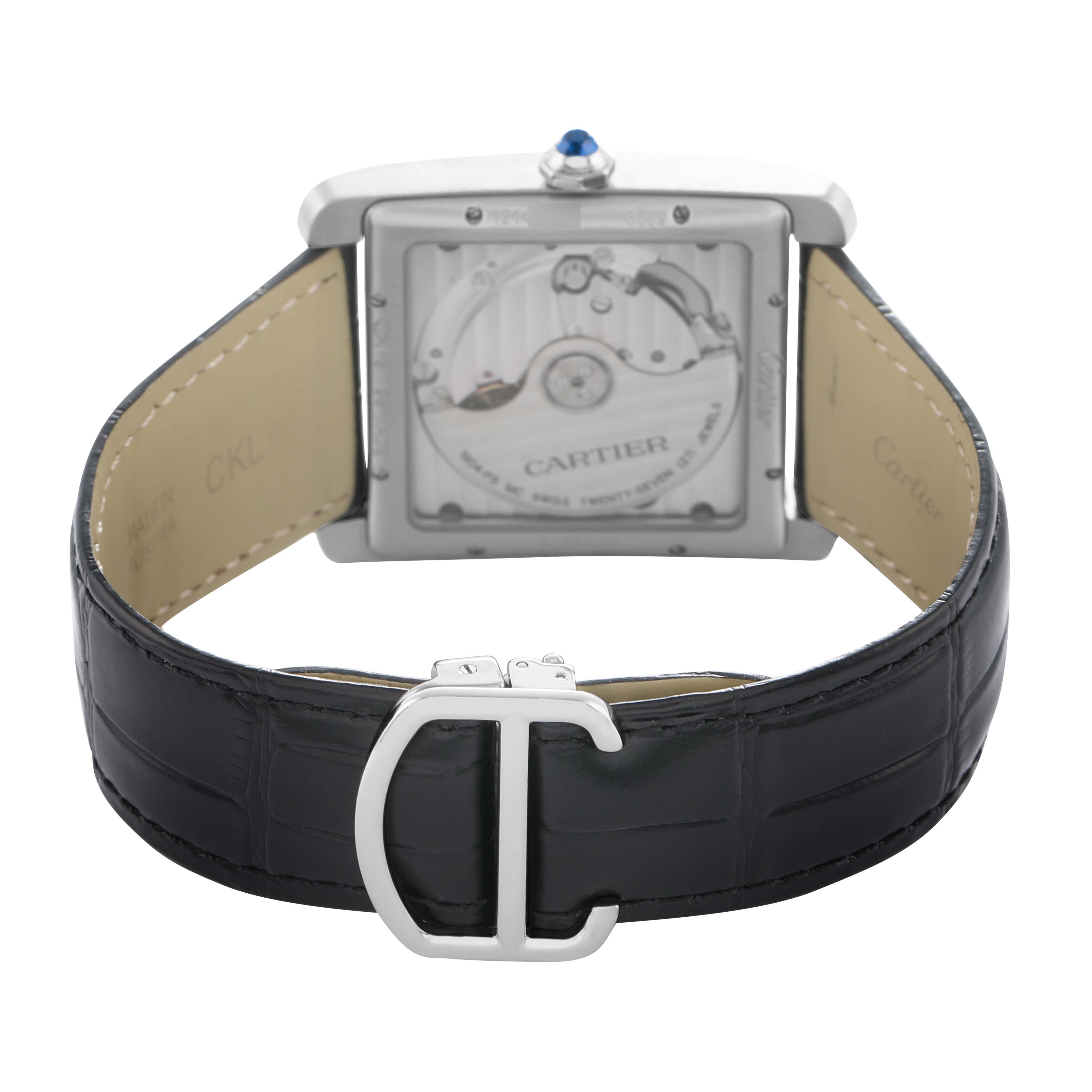 The image shows the back view of the Cartier Tank MC W5330004 Men's Stainless Steel Black Dial watch, displaying its movement and leather strap with a "C" clasp.