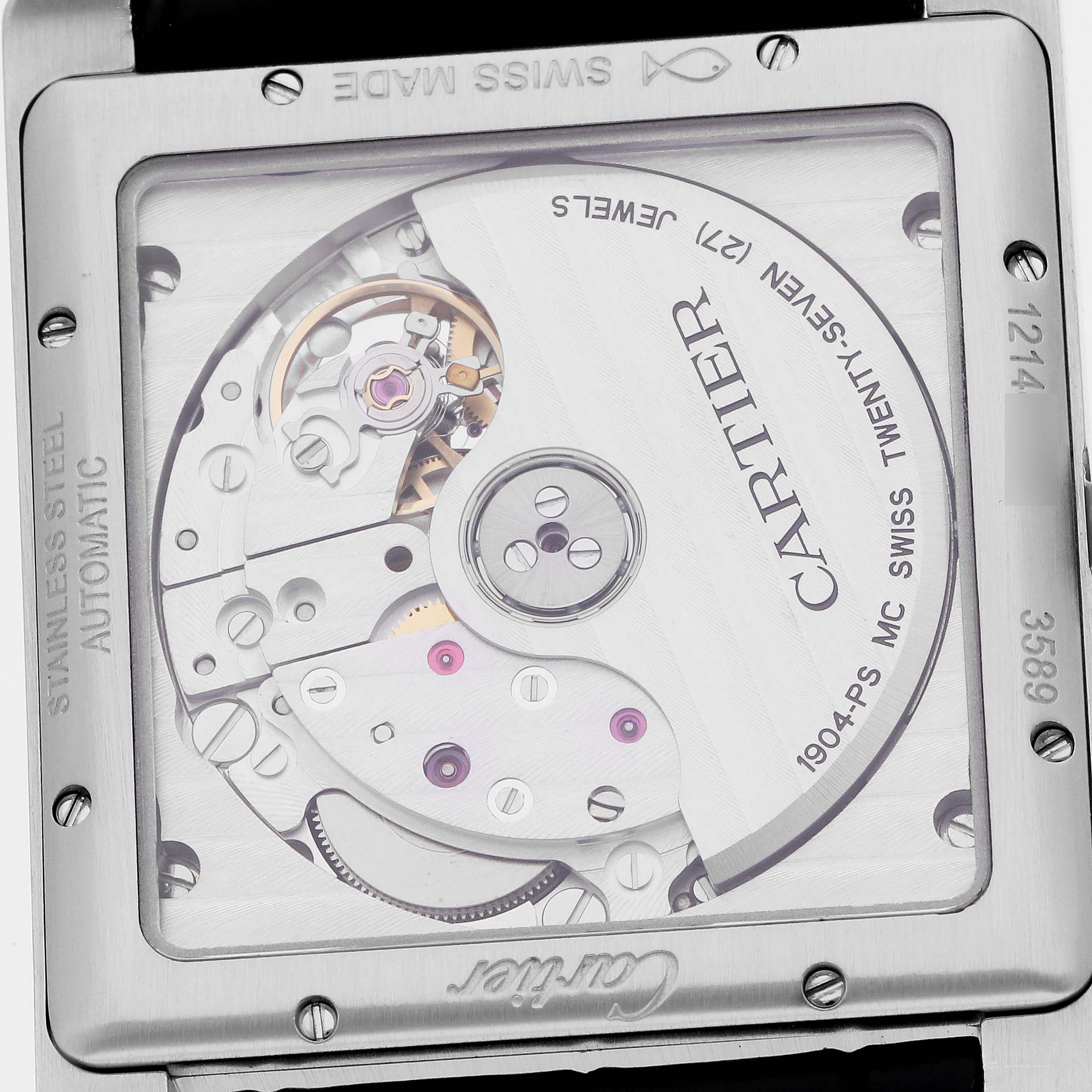 The image shows the back of a Cartier Tank MC W5330004 Men's Stainless Steel Black Dial watch, highlighting its automatic movement and intricate mechanics.
