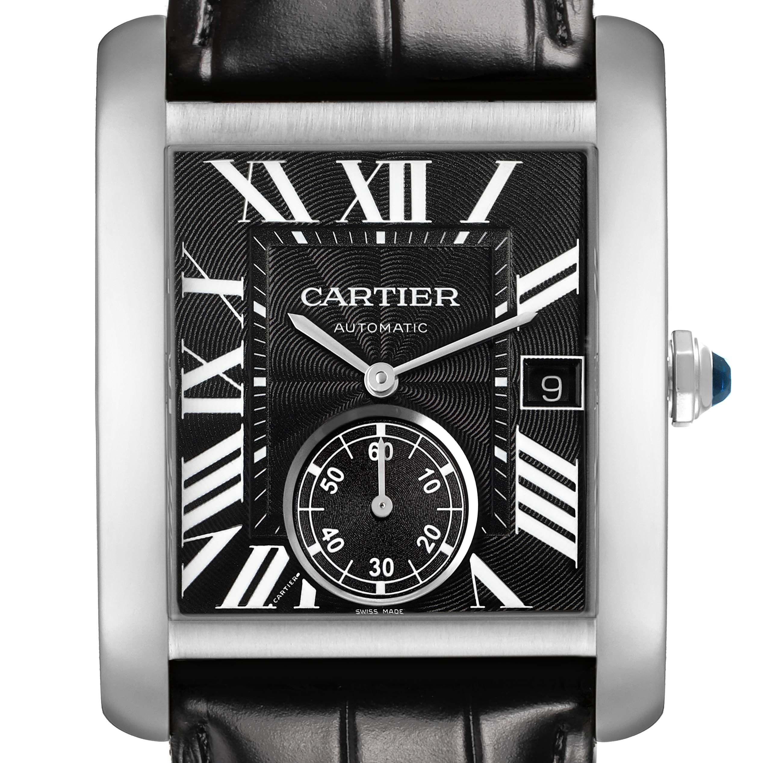 The Cartier Tank MC W5330004 Men's Stainless Steel Black Dial watch is shown from a front angle, highlighting the face, silver Roman numerals, and date window.
