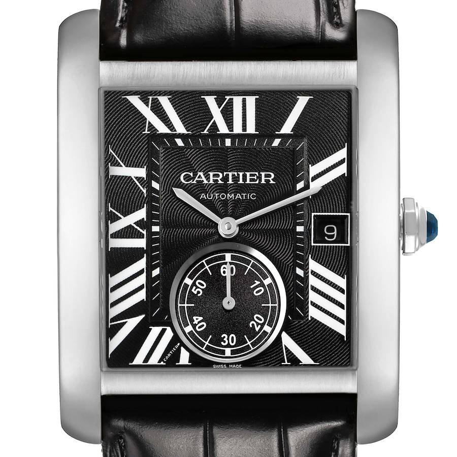 The Cartier Tank MC W5330004 Men's Stainless Steel Black Dial watch is shown from a front angle, highlighting the face, silver Roman numerals, and date window.