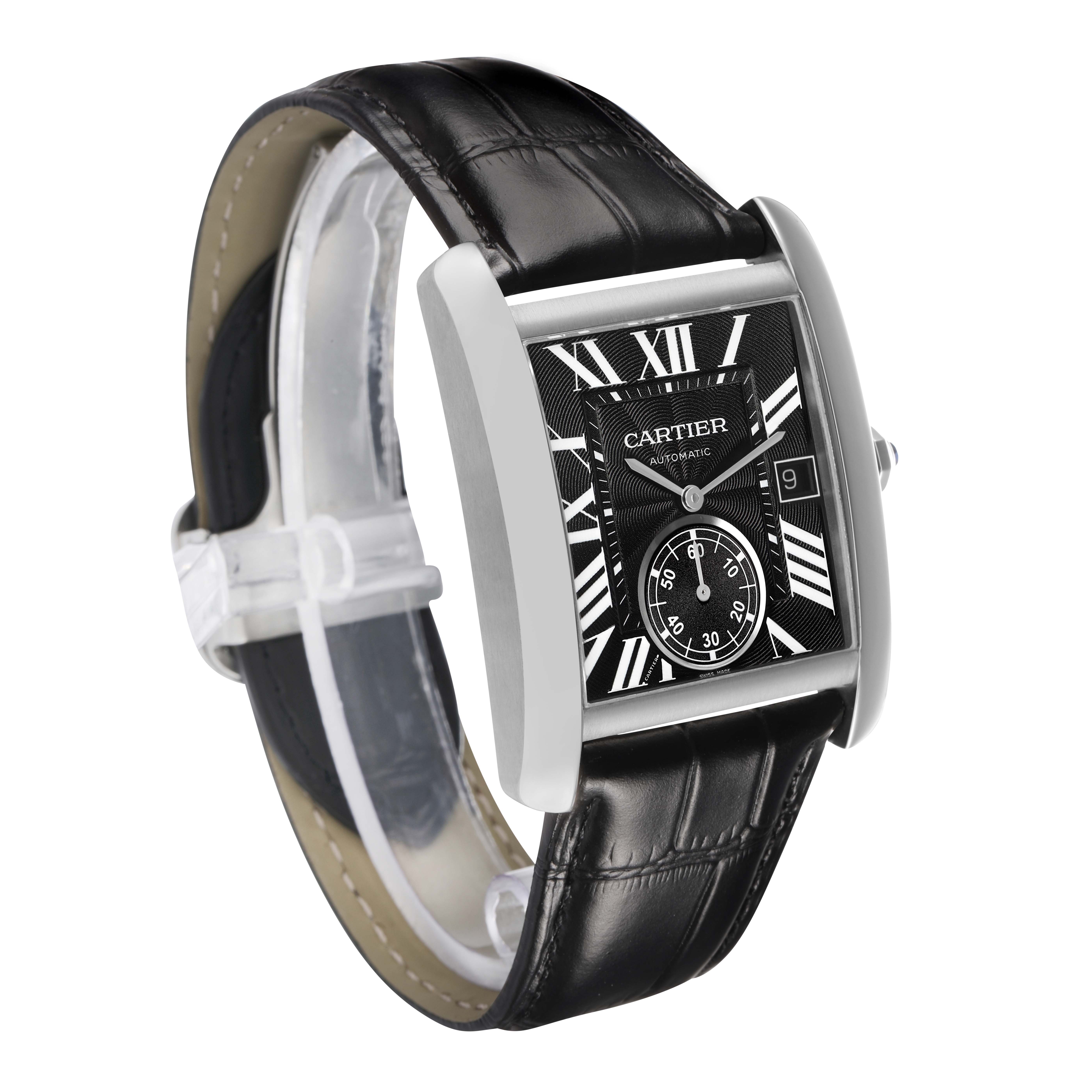 The Cartier Tank MC W5330004 Men's Stainless Steel Black Dial watch is shown at a three-quarter angle, highlighting the face, strap, and crown.