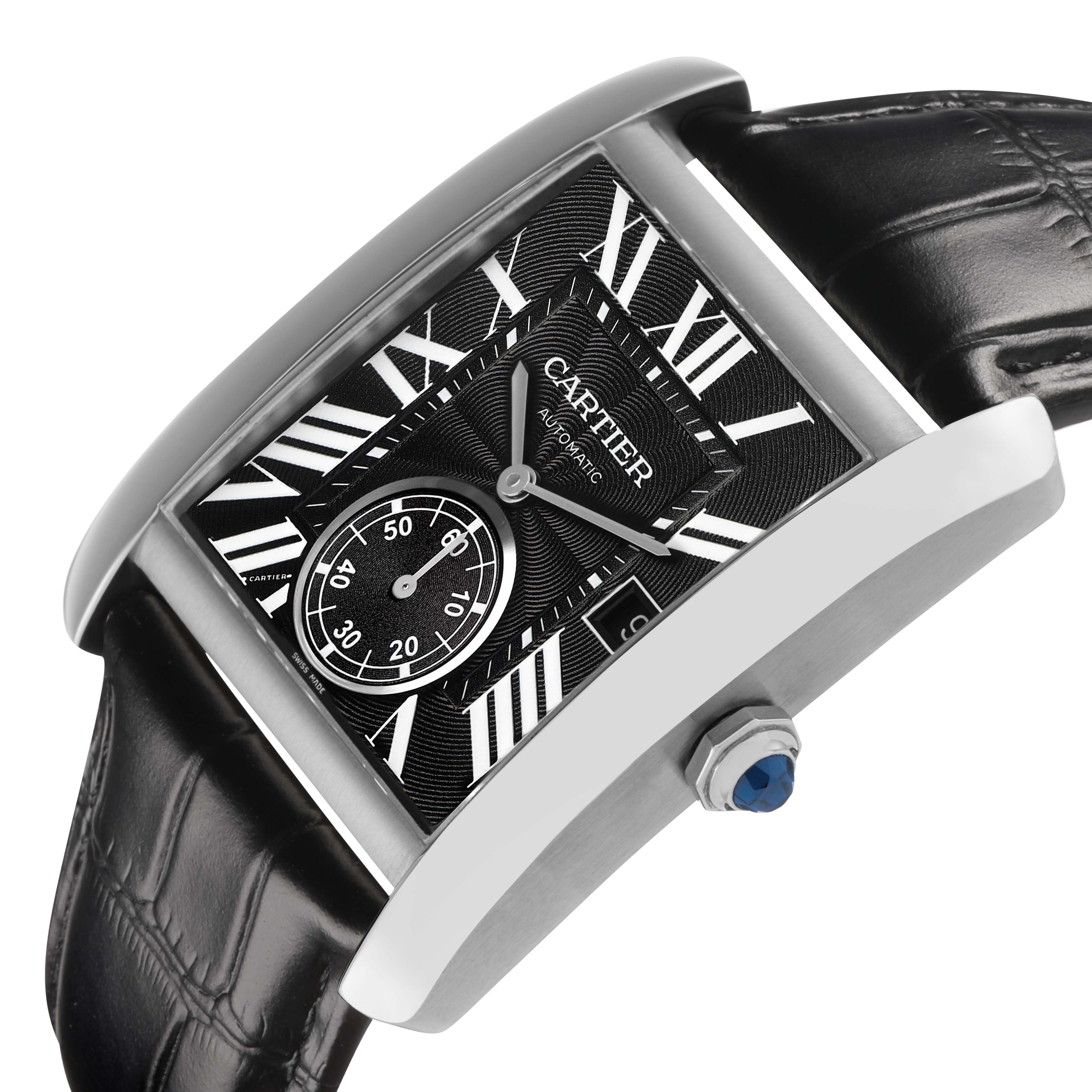 The Cartier Tank MC W5330004 Men's Stainless Steel Black Dial watch is shown at a side angle, highlighting the face, crown, and strap.