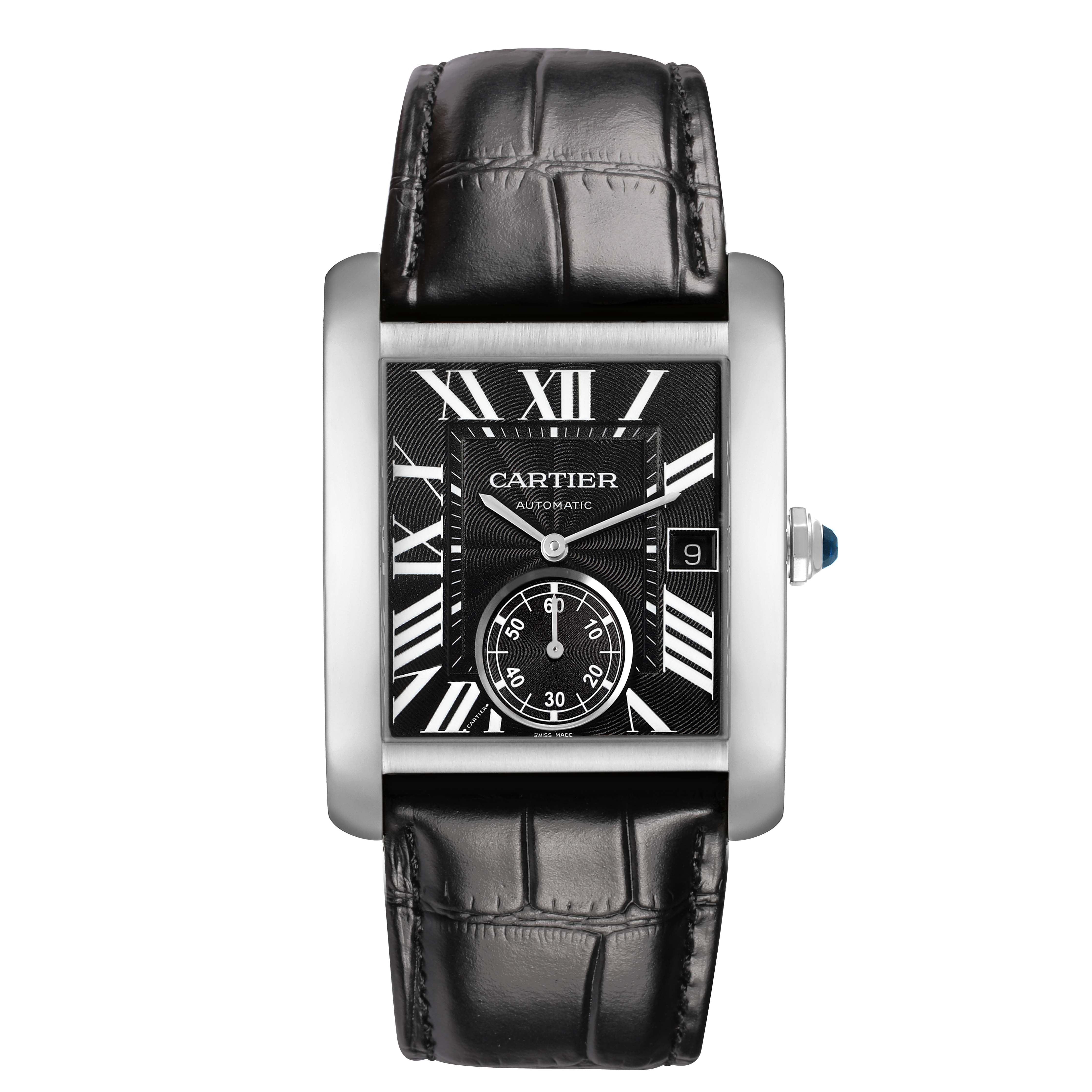 The image shows a frontal view of the Cartier Tank MC W5330004 Men's Stainless Steel Black Dial watch, highlighting its dial, case, and leather strap.